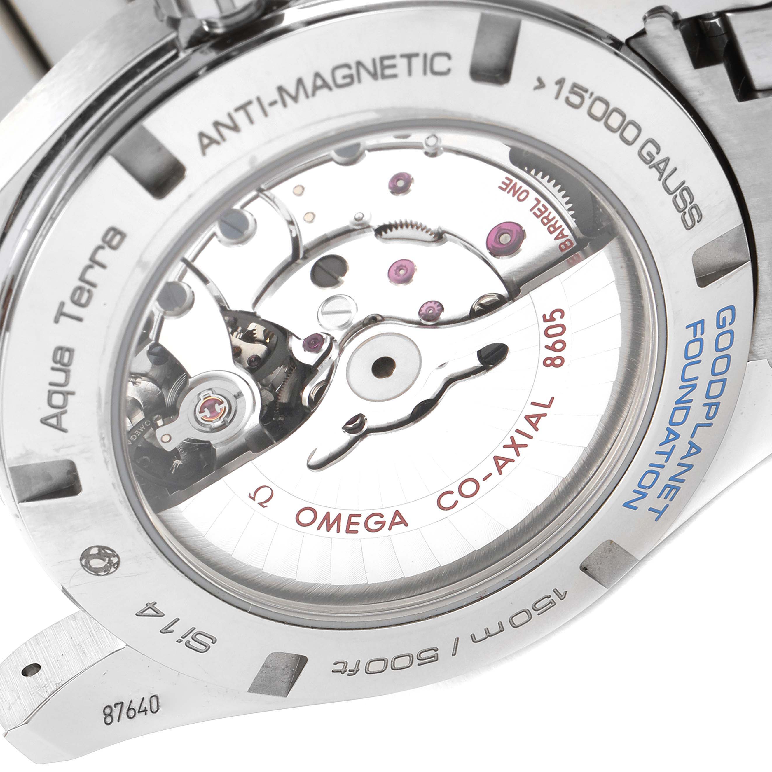 The image shows the back view of the Omega Aqua Terra 231.90.43.22.04.001 Men's Titanium White Dial 231.90.43.22.04.001 Men's Titanium White Dial watch, highlighting the movement and inscriptions on the case.