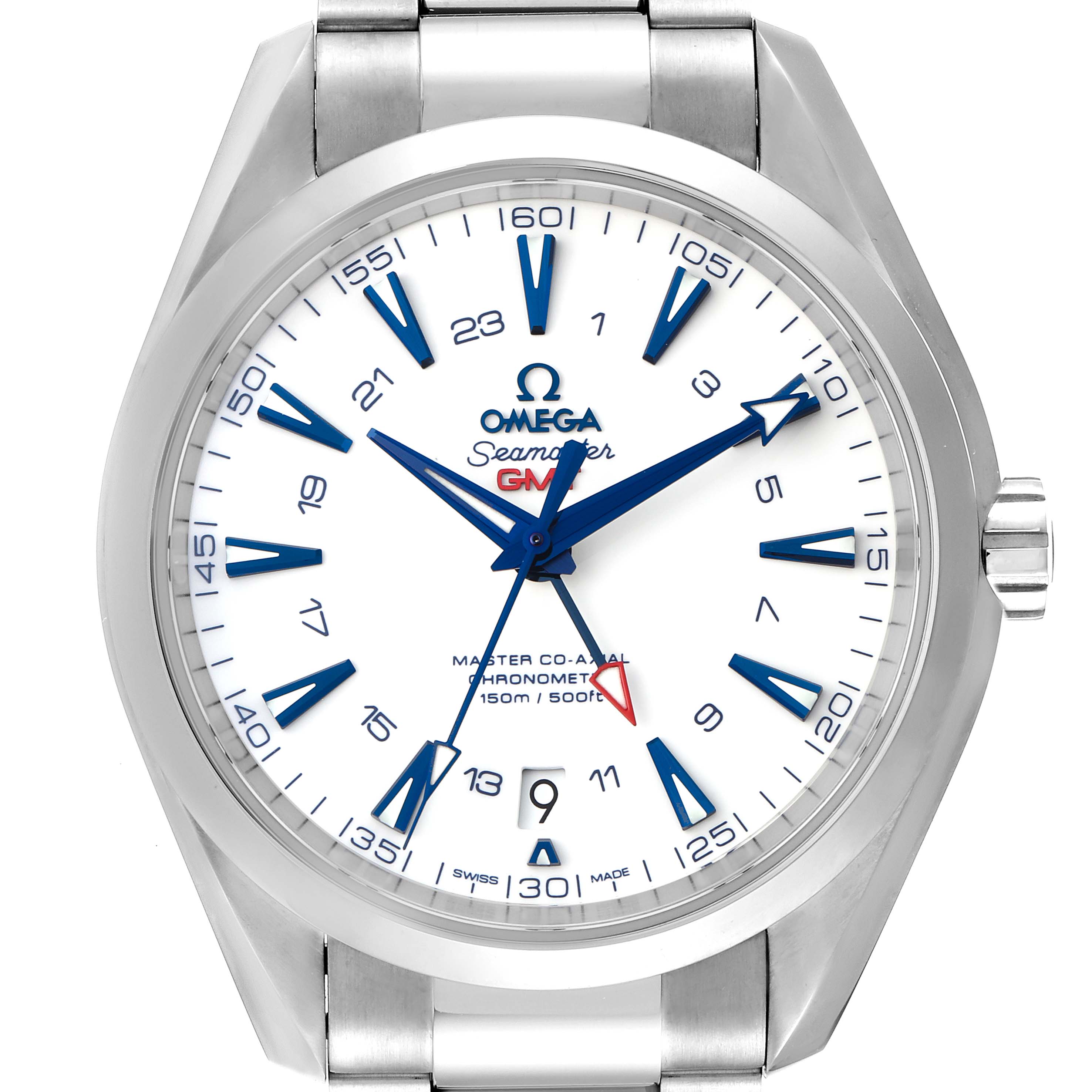 This image shows the Omega Seamaster Aqua Terra GMT watch from a front angle, highlighting the dial, hands, and bezel.