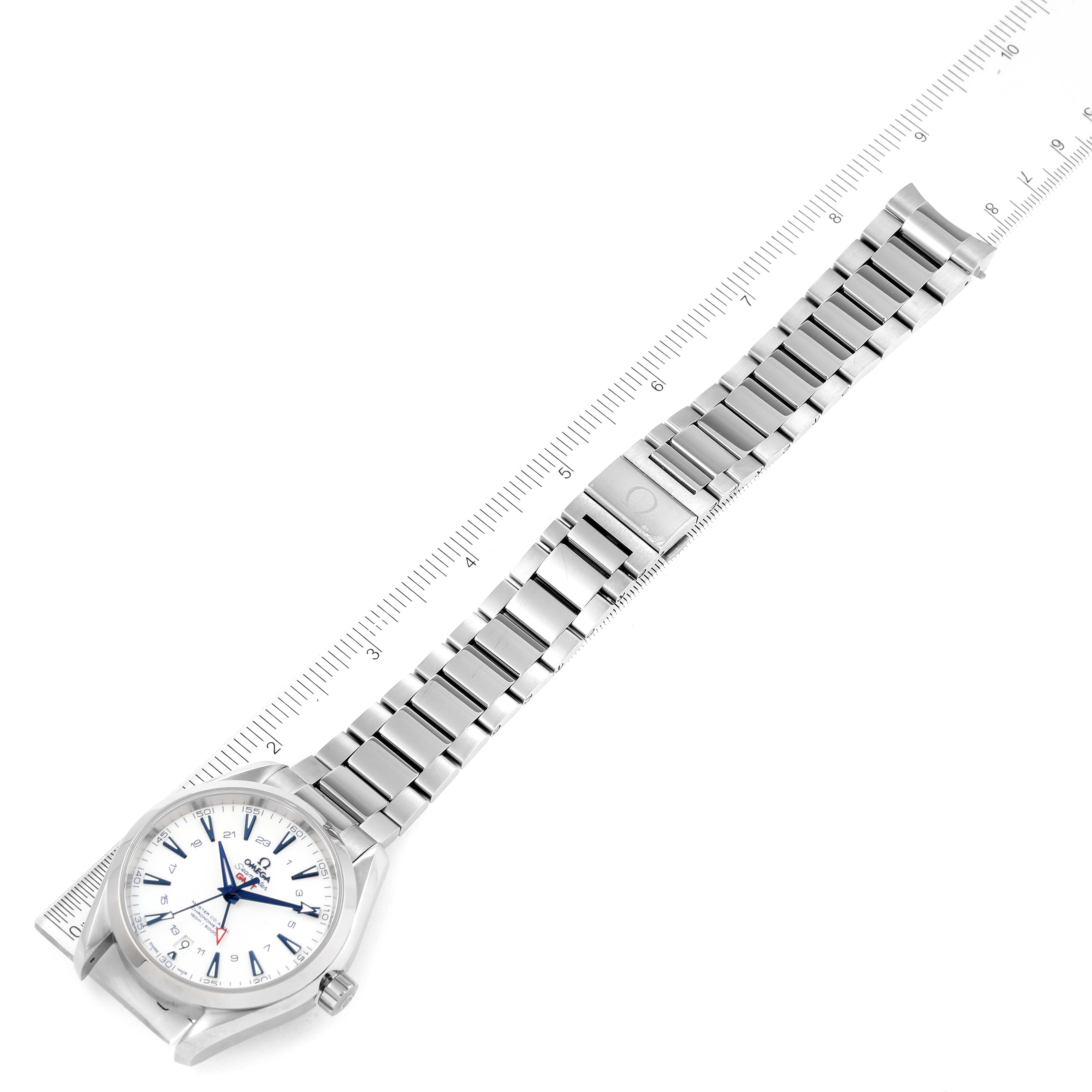 The image shows an Omega Aqua Terra 231.90.43.22.04.001 Men's Titanium White Dial 231.90.43.22.04.001 Men's Titanium White Dial watch at a slightly tilted angle, displaying its full length alongside a ruler for scale.