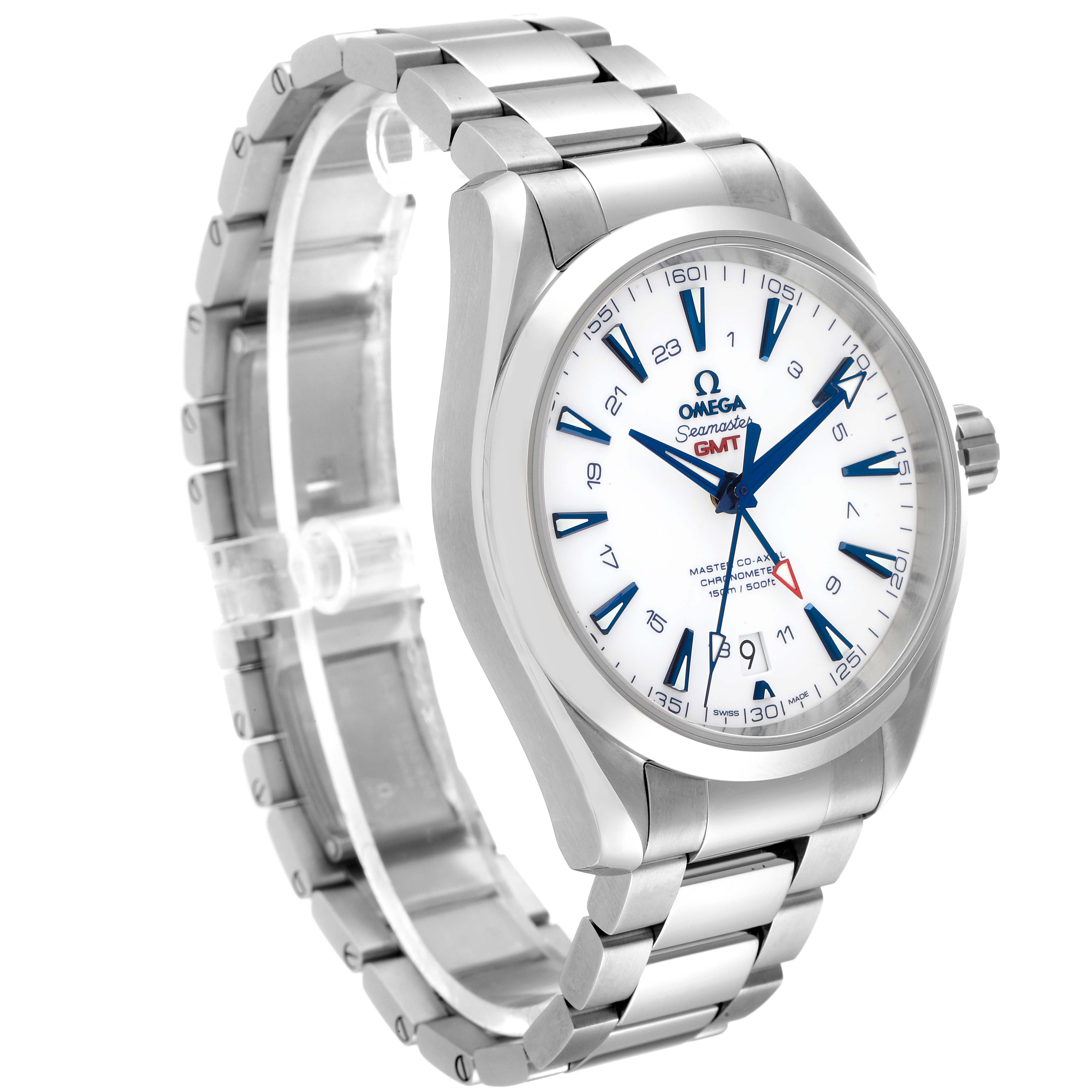 The image shows an angled view of the Omega Aqua Terra 231.90.43.22.04.001 Men's Titanium White Dial 231.90.43.22.04.001 Men's Titanium White Dial watch, highlighting the face, bezel, lugs, and metal bracelet.