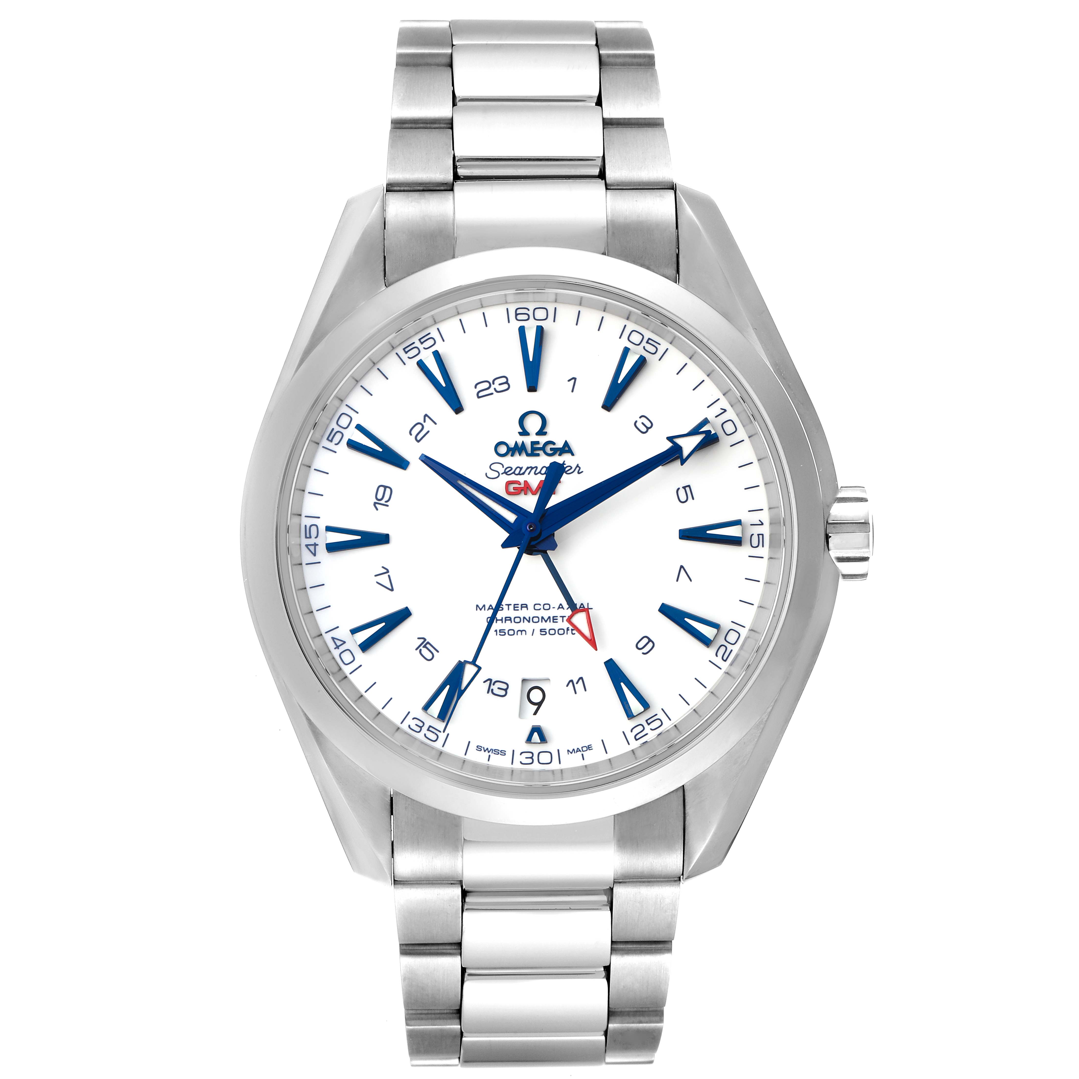 The image shows a front view of the Omega Aqua Terra 231.90.43.22.04.001 Men's Titanium White Dial 231.90.43.22.04.001 Men's Titanium White Dial model watch, featuring its dial, hands, and bracelet.