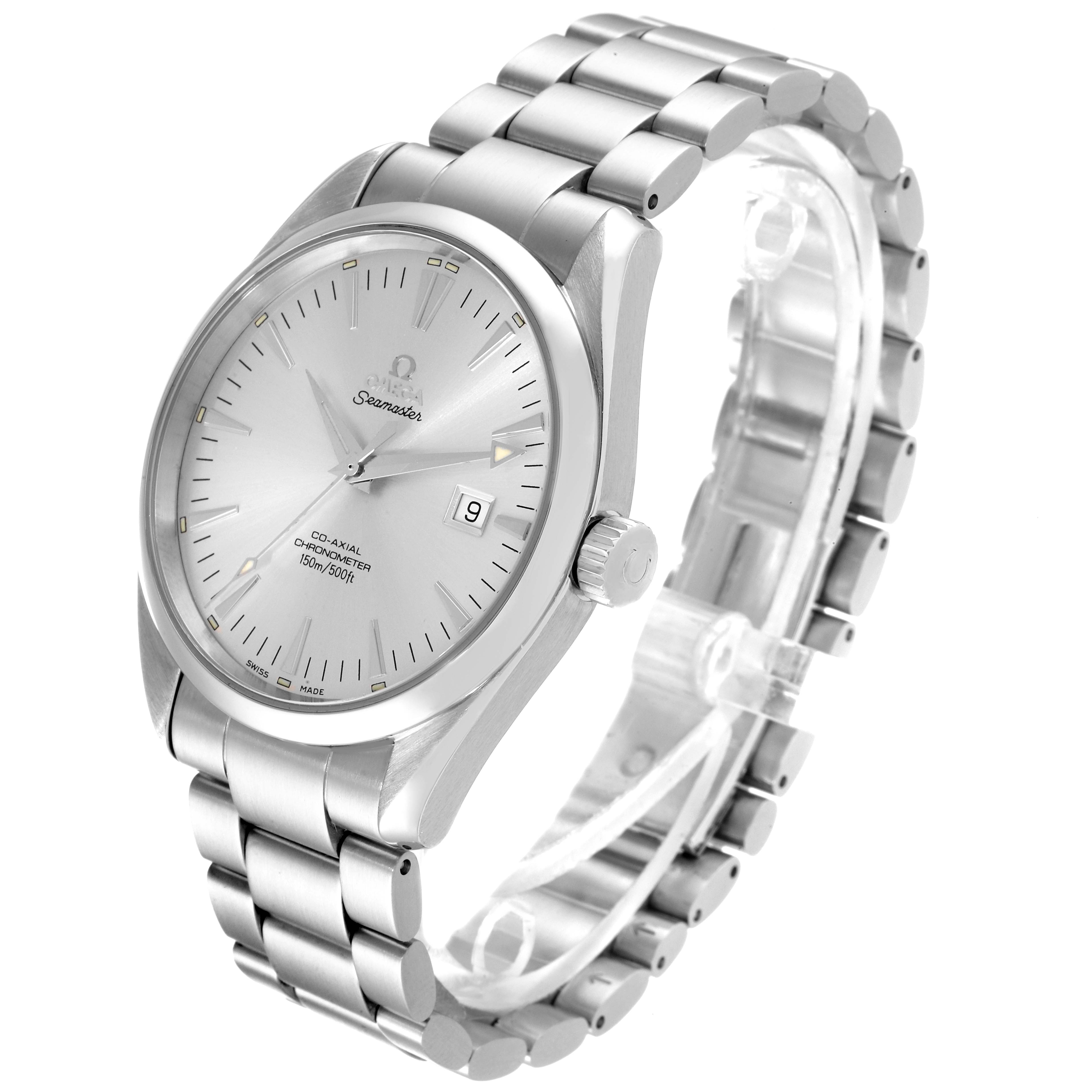 The image shows an angled view of the Omega Aqua Terra 2502.30.00 Men's Stainless Steel Silver Dial 2502.30.00 Men's Stainless Steel Silver Dial watch, displaying the face, crown, and bracelet.