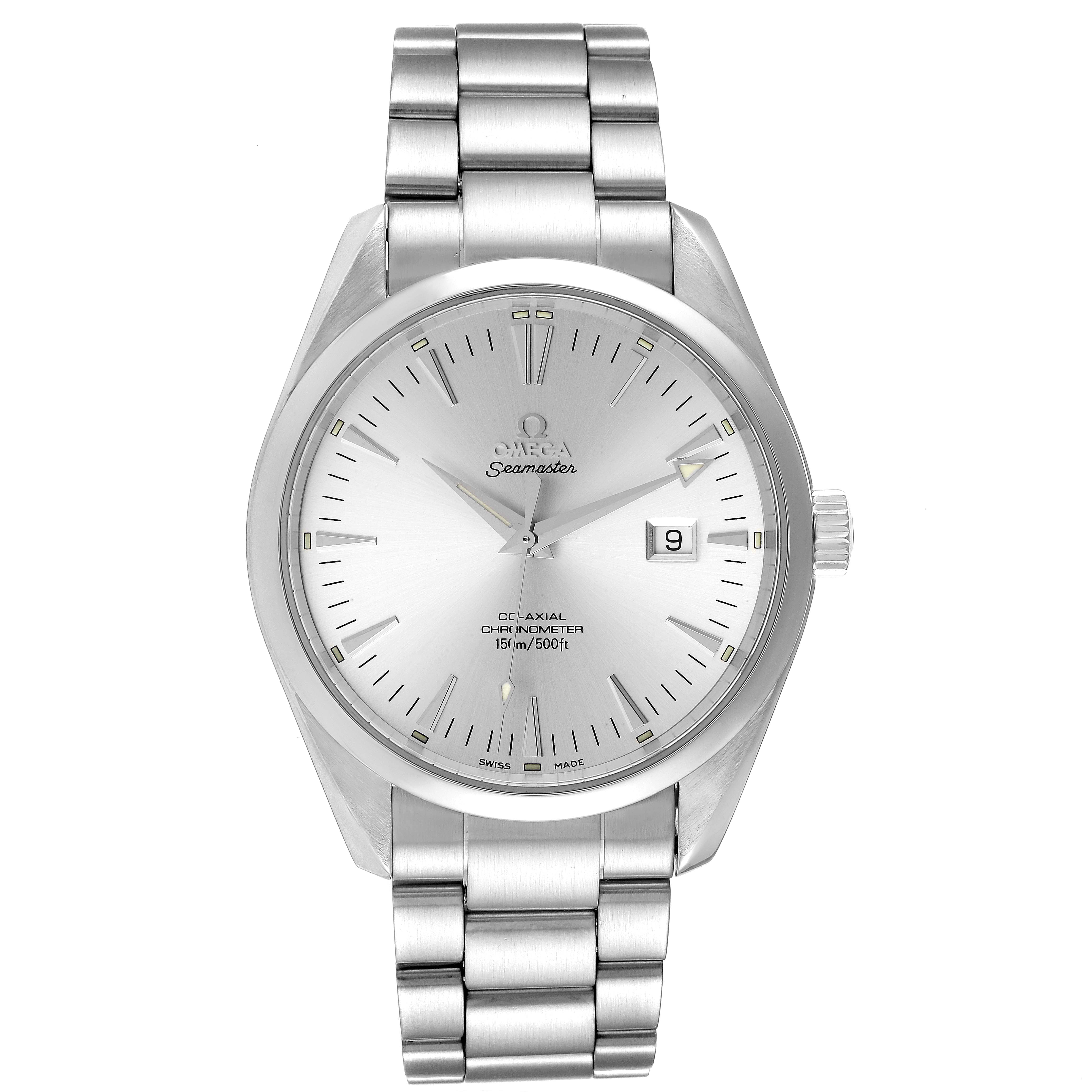 The image shows a frontal view of the Omega Aqua Terra 2502.30.00 Men's Stainless Steel Silver Dial 2502.30.00 Men's Stainless Steel Silver Dial Seamaster watch, displaying the dial, date window, and part of the bracelet.