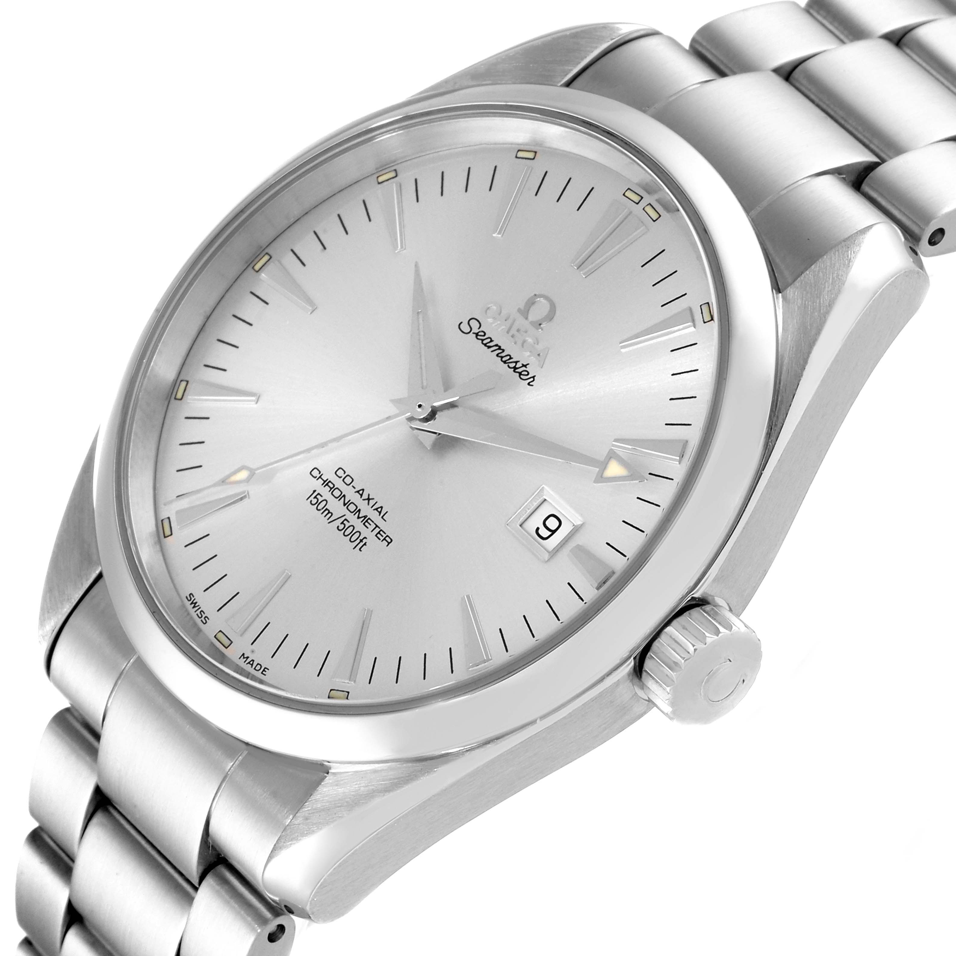 The image shows a close-up angle of the Omega Aqua Terra 2502.30.00 Men's Stainless Steel Silver Dial 2502.30.00 Men's Stainless Steel Silver Dial watch, highlighting its face, bezel, crown, and part of the bracelet.