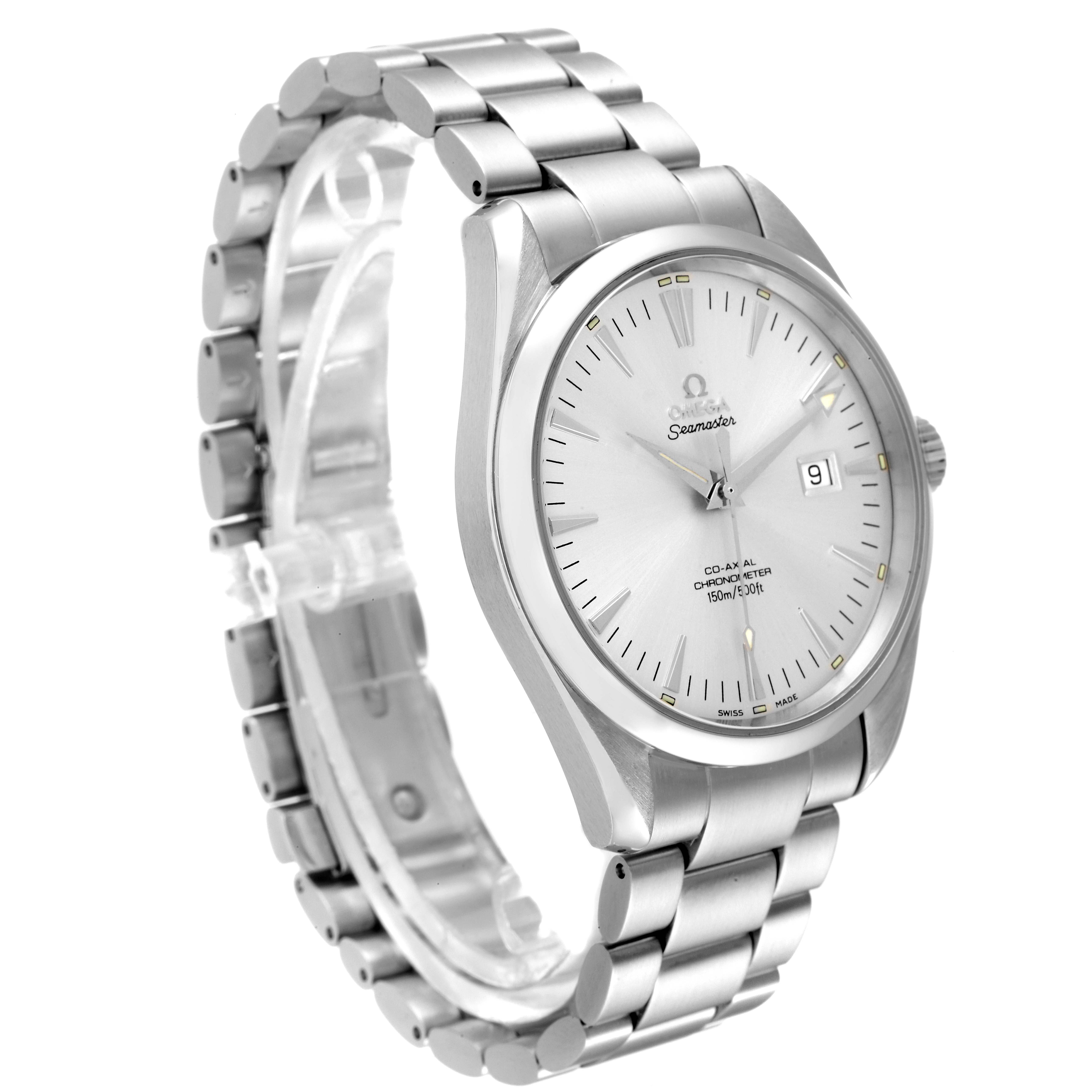 The image shows an Omega Aqua Terra 2502.30.00 Men's Stainless Steel Silver Dial 2502.30.00 Men's Stainless Steel Silver Dial watch at a slight angle, highlighting its dial, case, and metal bracelet.