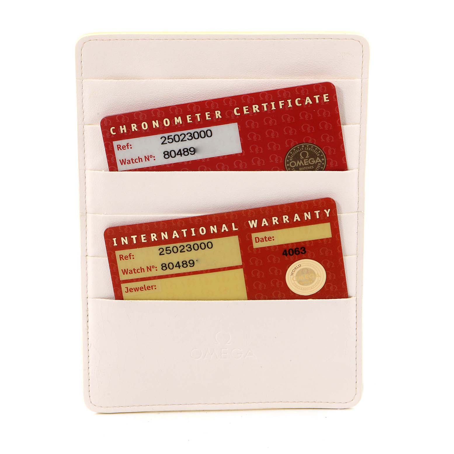 The image shows the Chronometer Certificate and International Warranty cards for the Omega Aqua Terra 2502.30.00 Men's Stainless Steel Silver Dial 2502.30.00 Men's Stainless Steel Silver Dial model, in a white cardholder.