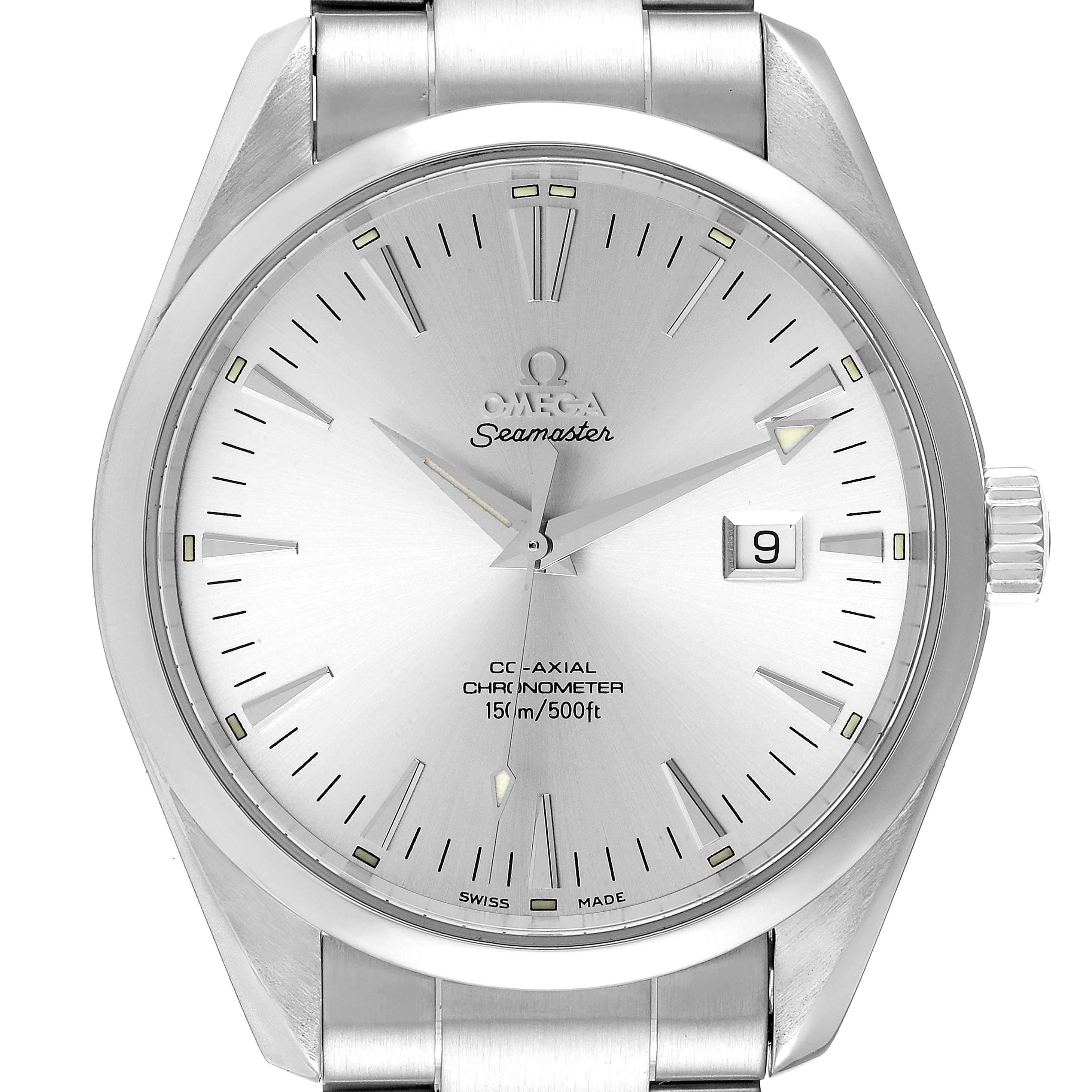 The image shows a front view of the Omega Aqua Terra 2502.30.00 Men's Stainless Steel Silver Dial 2502.30.00 Men's Stainless Steel Silver Dial watch, displaying its dial, bezel, and part of the bracelet.
