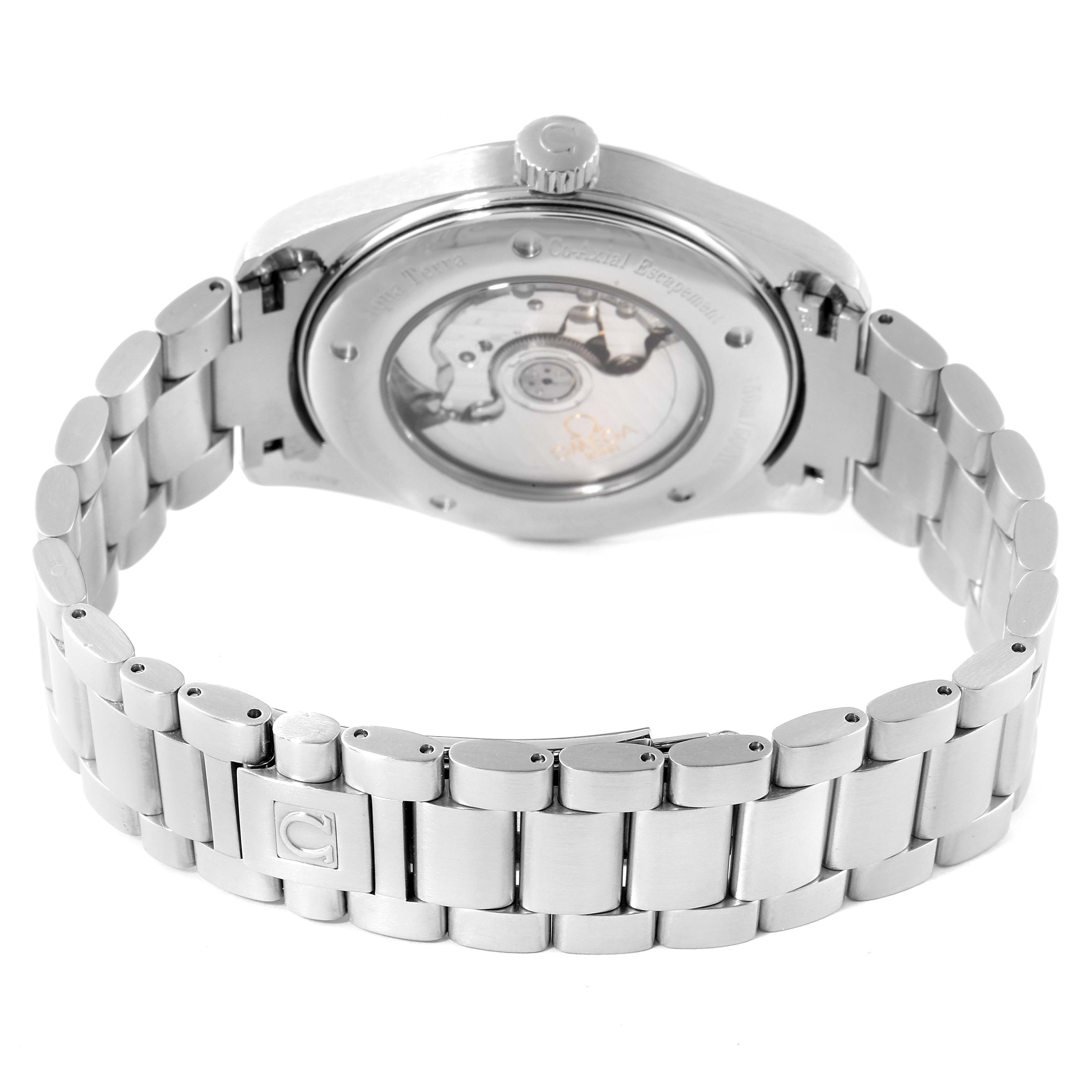 The image shows the backside and bracelet of the Omega Aqua Terra 2502.30.00 Men's Stainless Steel Silver Dial 2502.30.00 Men's Stainless Steel Silver Dial watch, highlighting its case back and metal links.