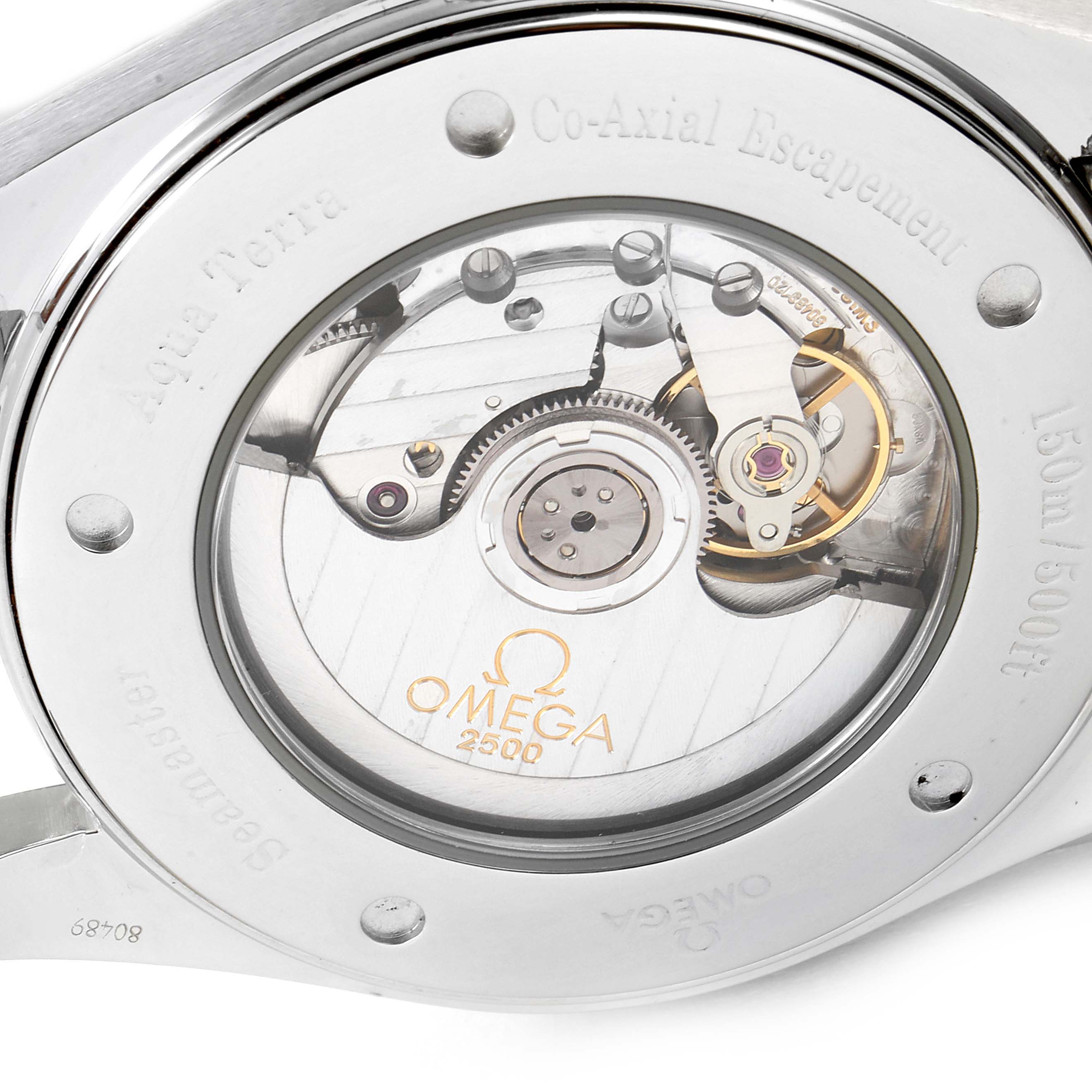 The image shows the case back of an Omega Aqua Terra 2502.30.00 Men's Stainless Steel Silver Dial 2502.30.00 Men's Stainless Steel Silver Dial watch, revealing the co-axial escapement movement and inner mechanisms.