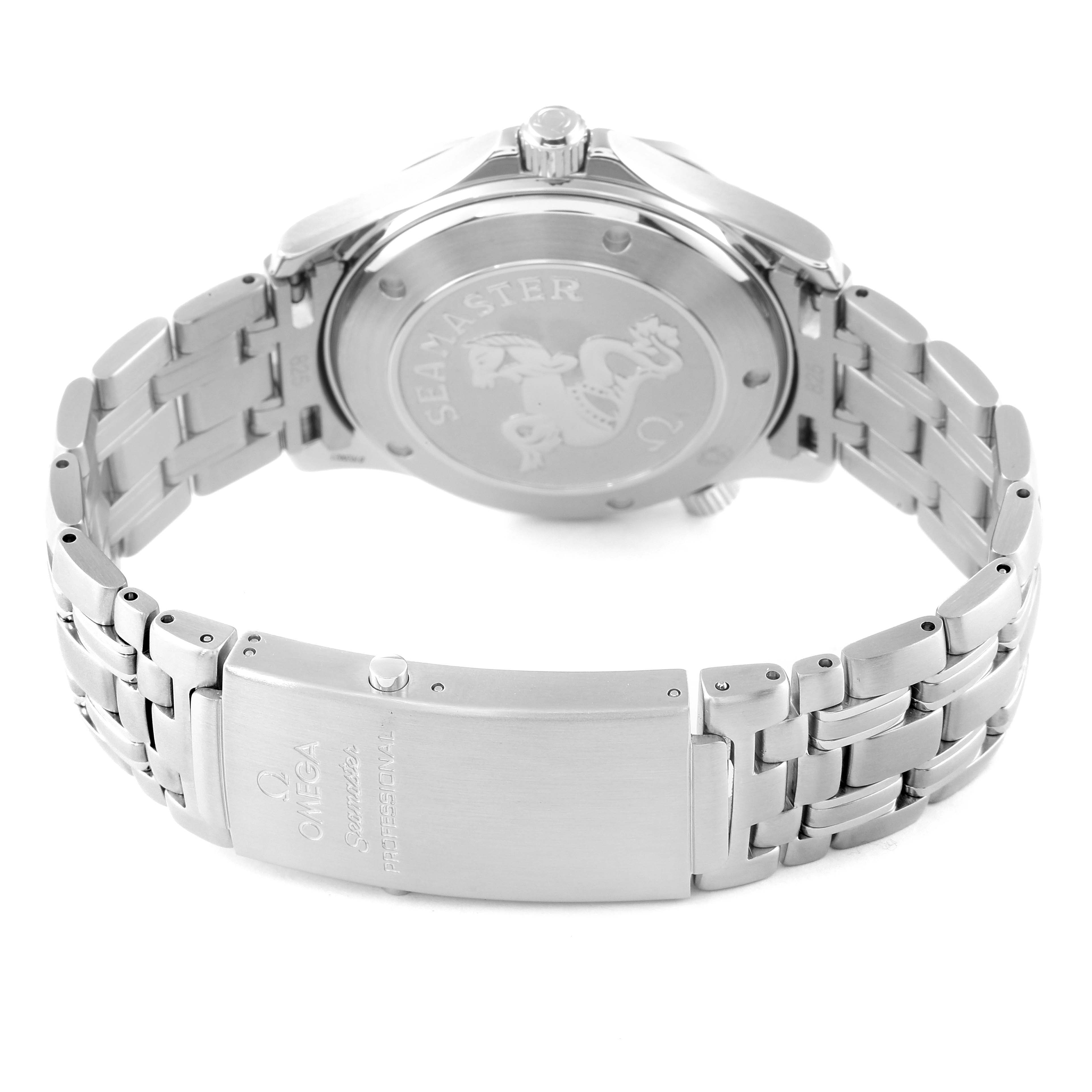 The image shows the back case and stainless steel bracelet of an Omega Seamaster 212.30.41.20.01.002 Men's Stainless Steel Black Dial 212.30.41.20.01.002 Men's Stainless Steel Black Dial watch, highlighted from a rear angle.