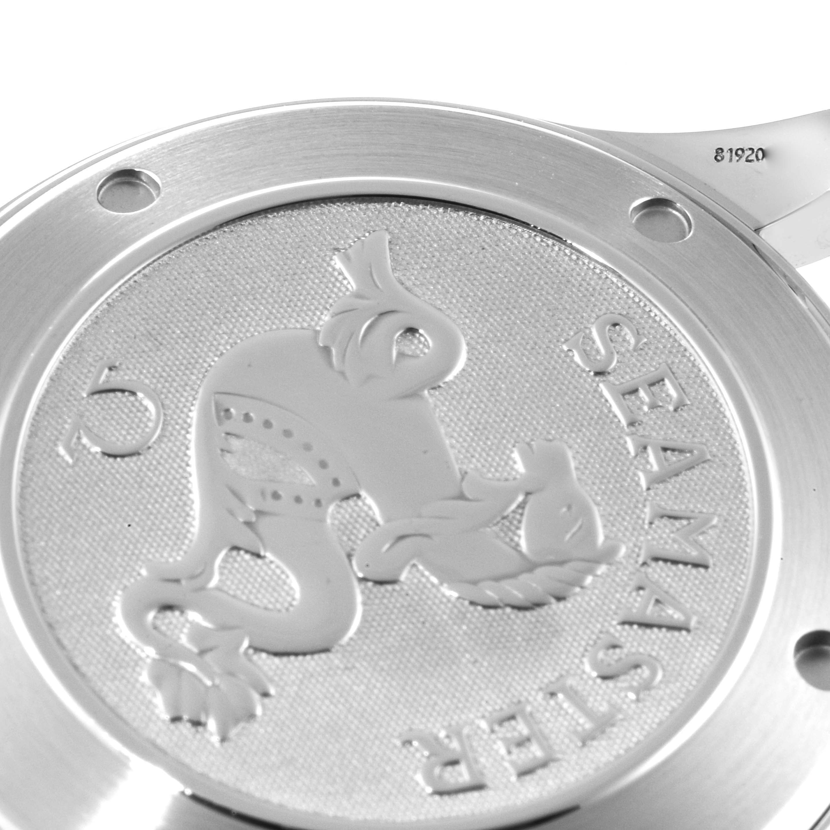 The image shows a close-up view of the case back of an Omega Seamaster 212.30.41.20.01.002 Men's Stainless Steel Black Dial 212.30.41.20.01.002 Men's Stainless Steel Black Dial watch, featuring the engraved logo.