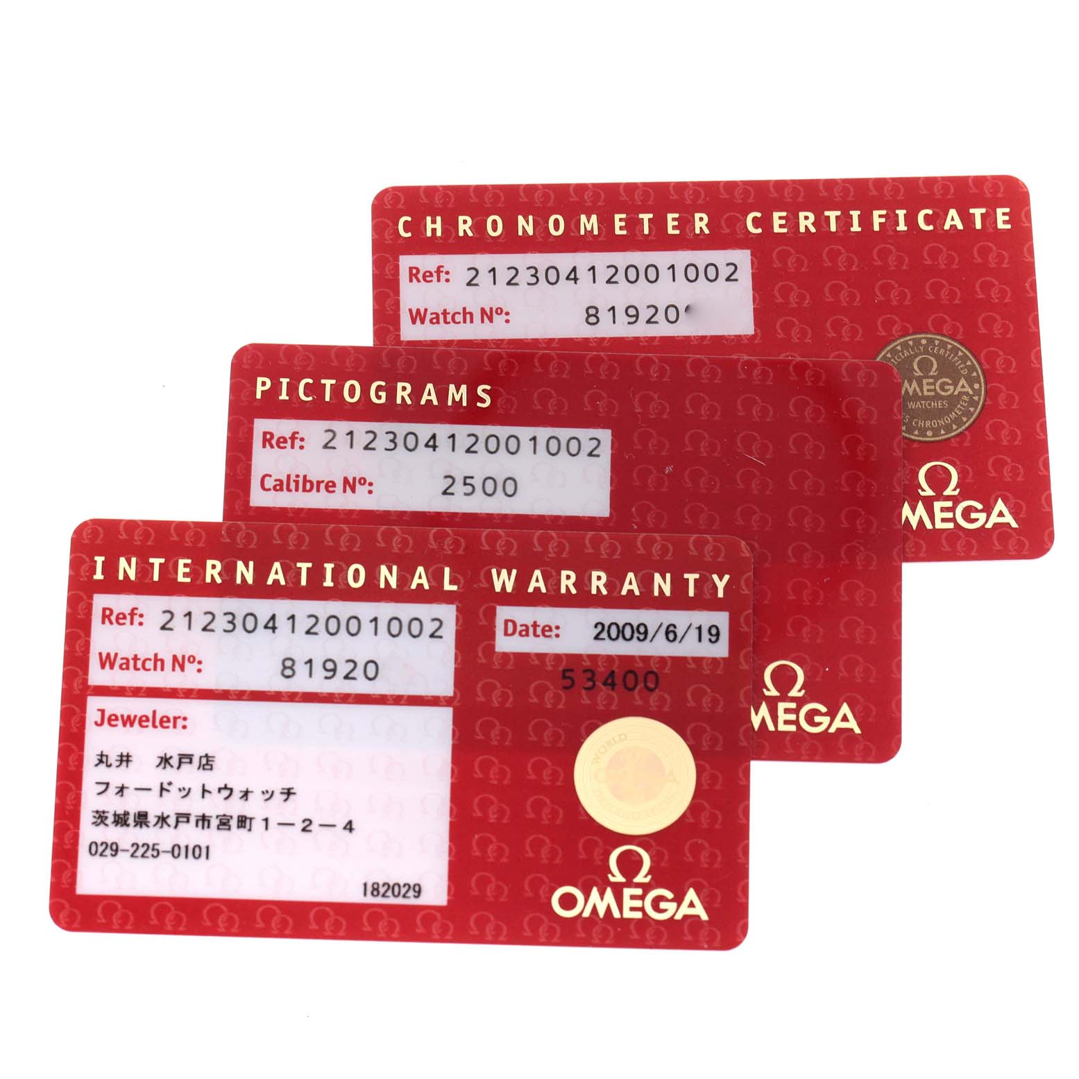 The image shows the Chronometer Certificate, Pictograms, and International Warranty cards for the Omega Seamaster 212.30.41.20.01.002 Men's Stainless Steel Black Dial 212.30.41.20.01.002 Men's Stainless Steel Black Dial watch model.