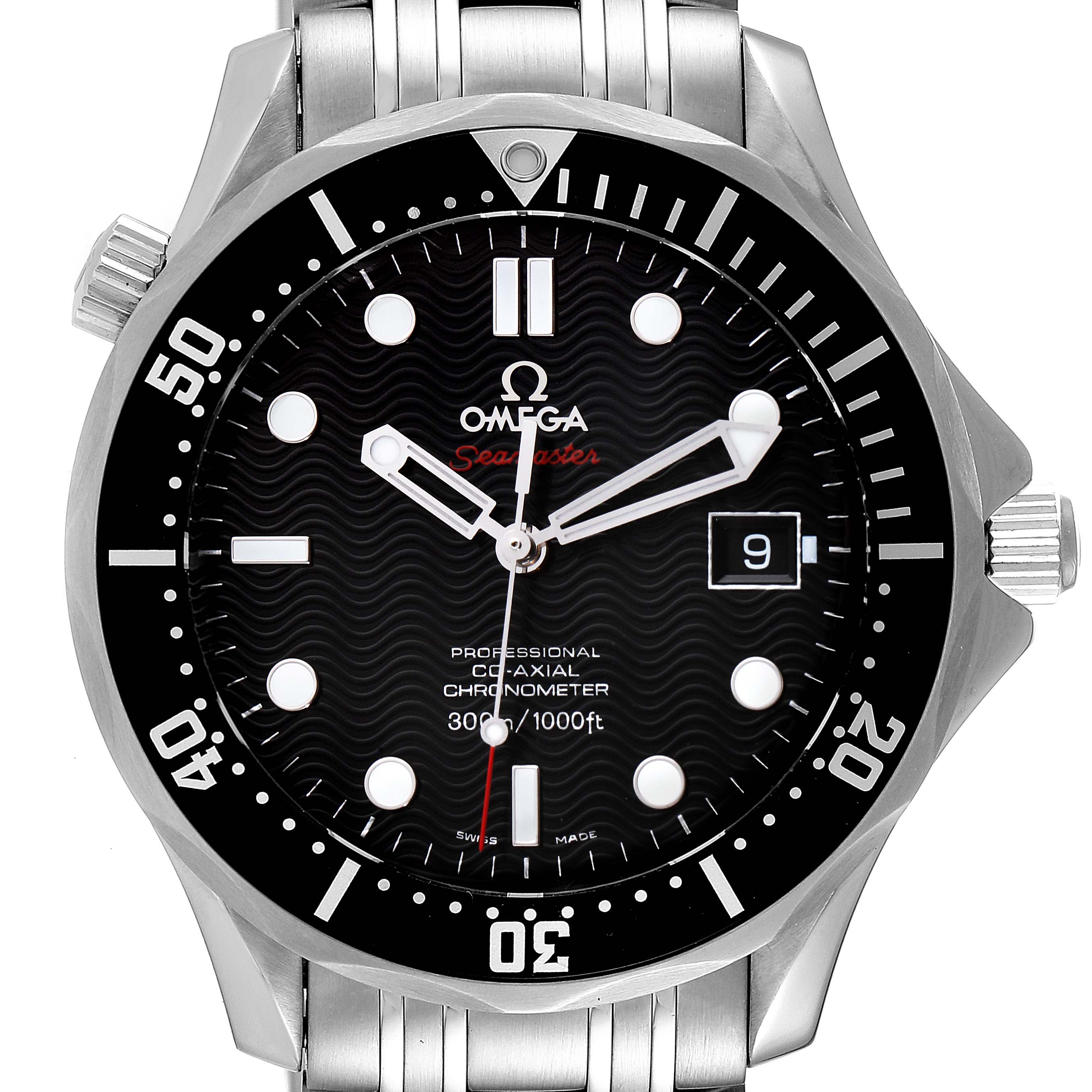 This image shows a frontal view of the Omega Seamaster 212.30.41.20.01.002 Men's Stainless Steel Black Dial 212.30.41.20.01.002 Men's Stainless Steel Black Dial watch, highlighting its dial, bezel, and bracelet.