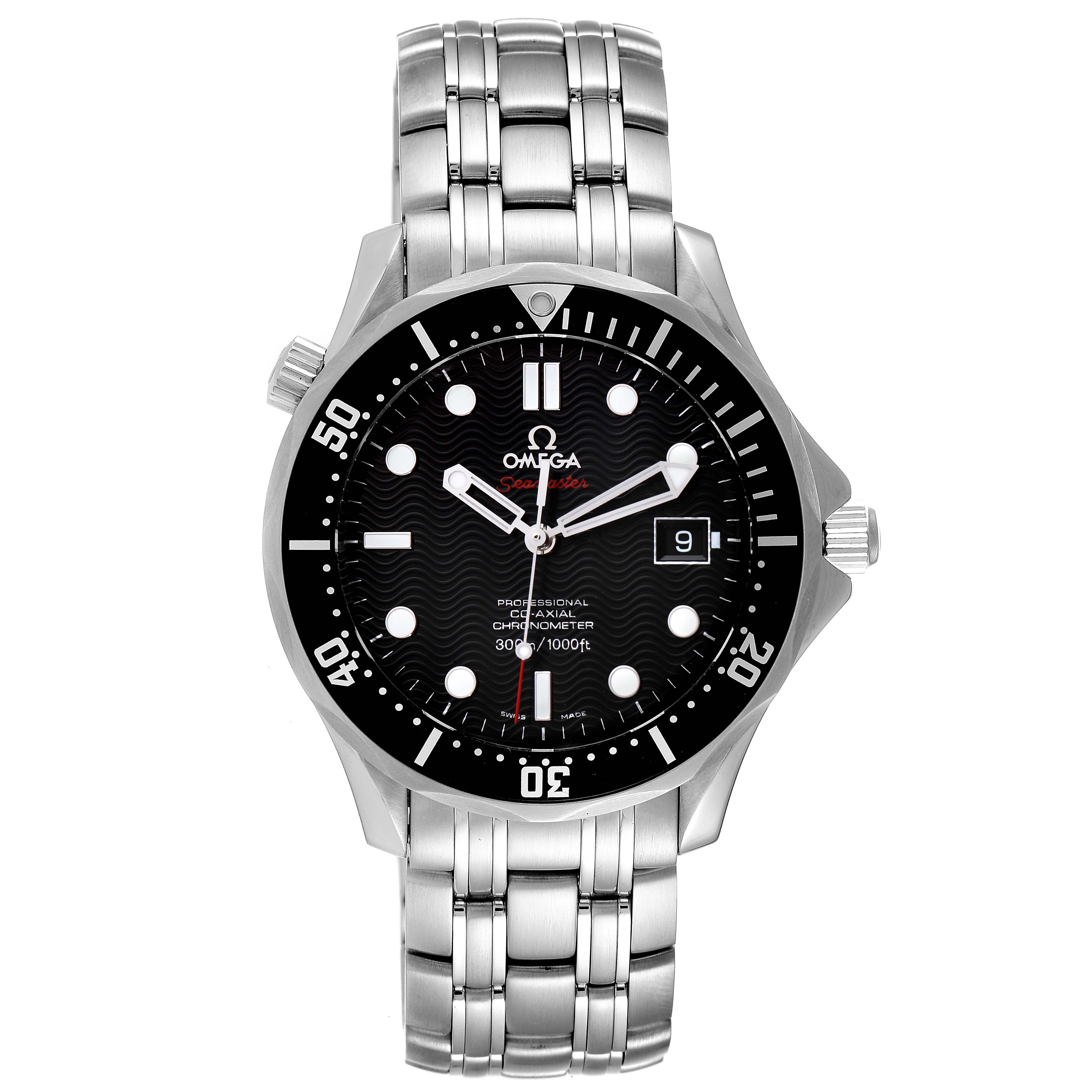 The image shows a front view of the Omega Seamaster 212.30.41.20.01.002 Men's Stainless Steel Black Dial 212.30.41.20.01.002 Men's Stainless Steel Black Dial watch, highlighting its black dial, stainless steel bracelet, and date display.