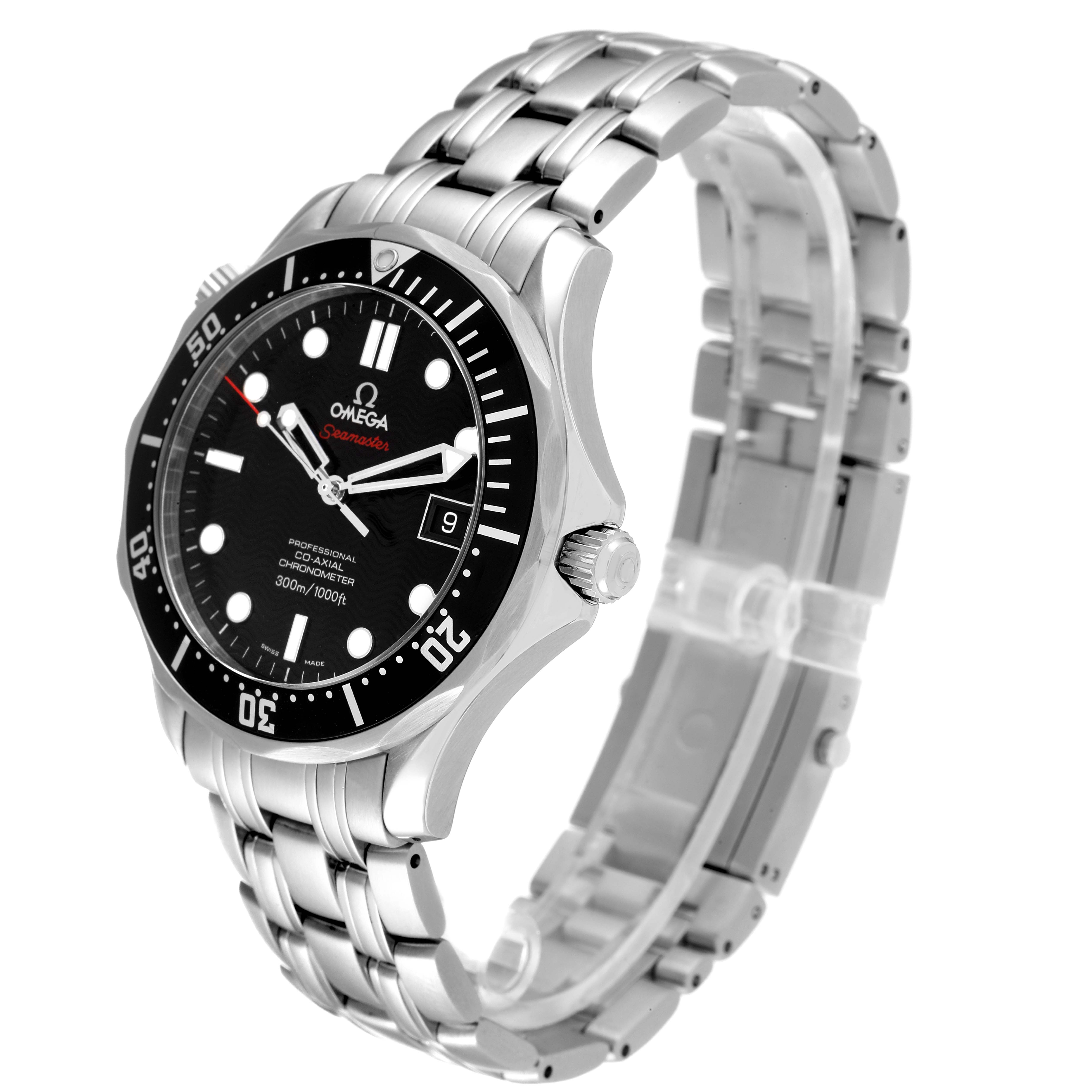 The Omega Seamaster 212.30.41.20.01.002 Men's Stainless Steel Black Dial 212.30.41.20.01.002 Men's Stainless Steel Black Dial watch is shown at a three-quarter angle, highlighting the face, bezel, crown, and bracelet.