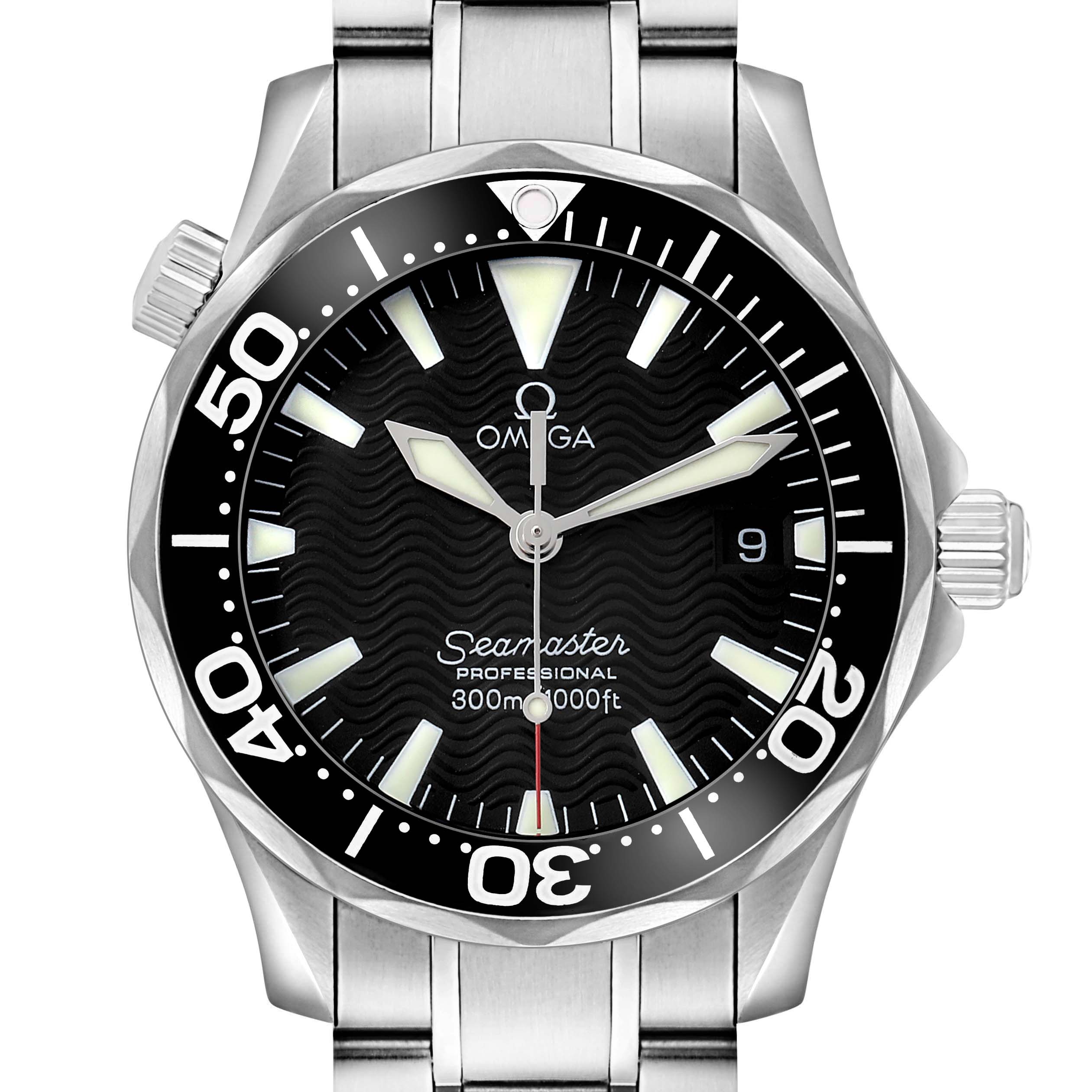 The Omega Seamaster 2262.50.00 Men's Stainless Steel Black Dial is shown from the front, displaying the dial, bezel, and part of the bracelet.