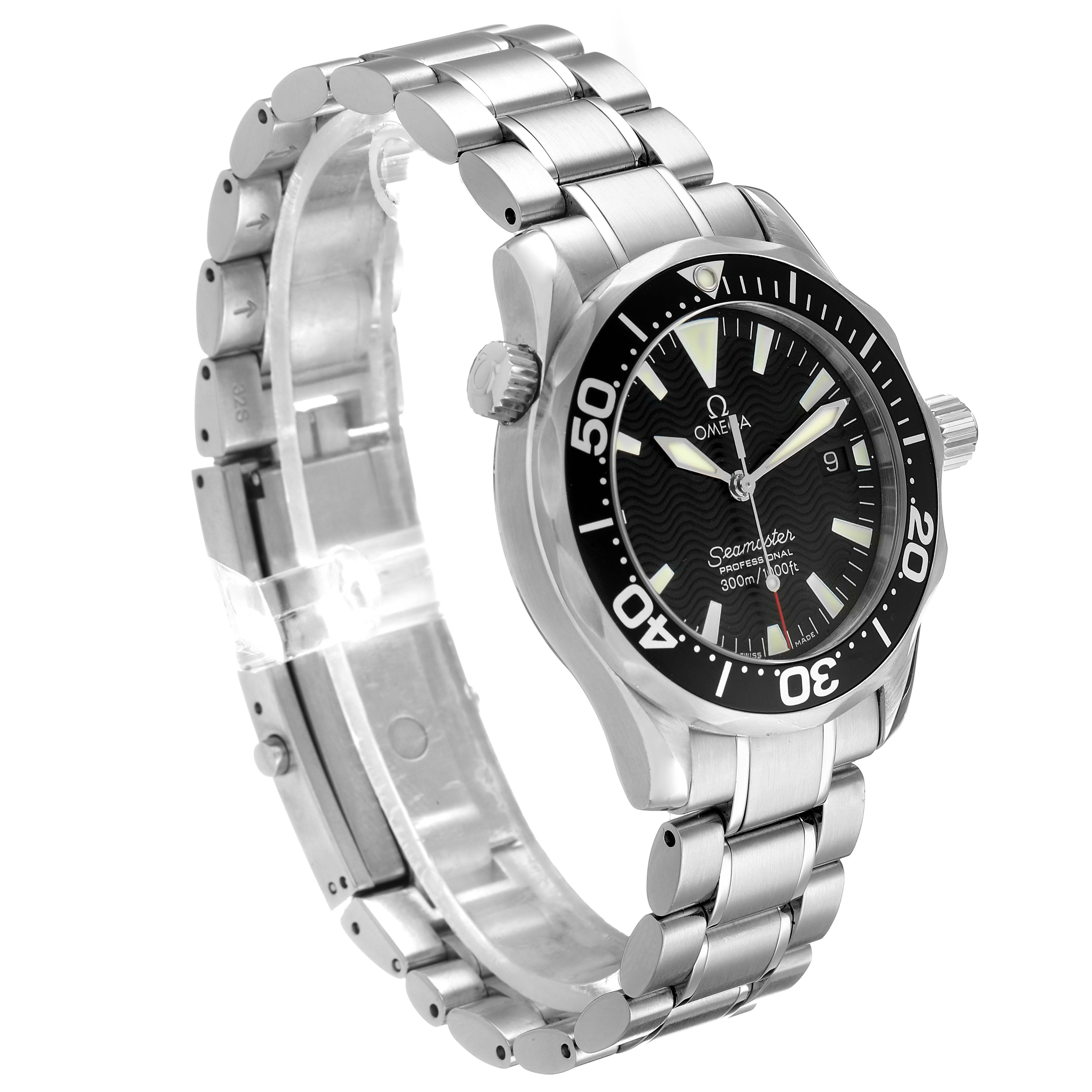 The Omega Seamaster 2262.50.00 Men's Stainless Steel Black Dial watch is shown at an angled front view, highlighting its face, bezel, crown, and metal bracelet.