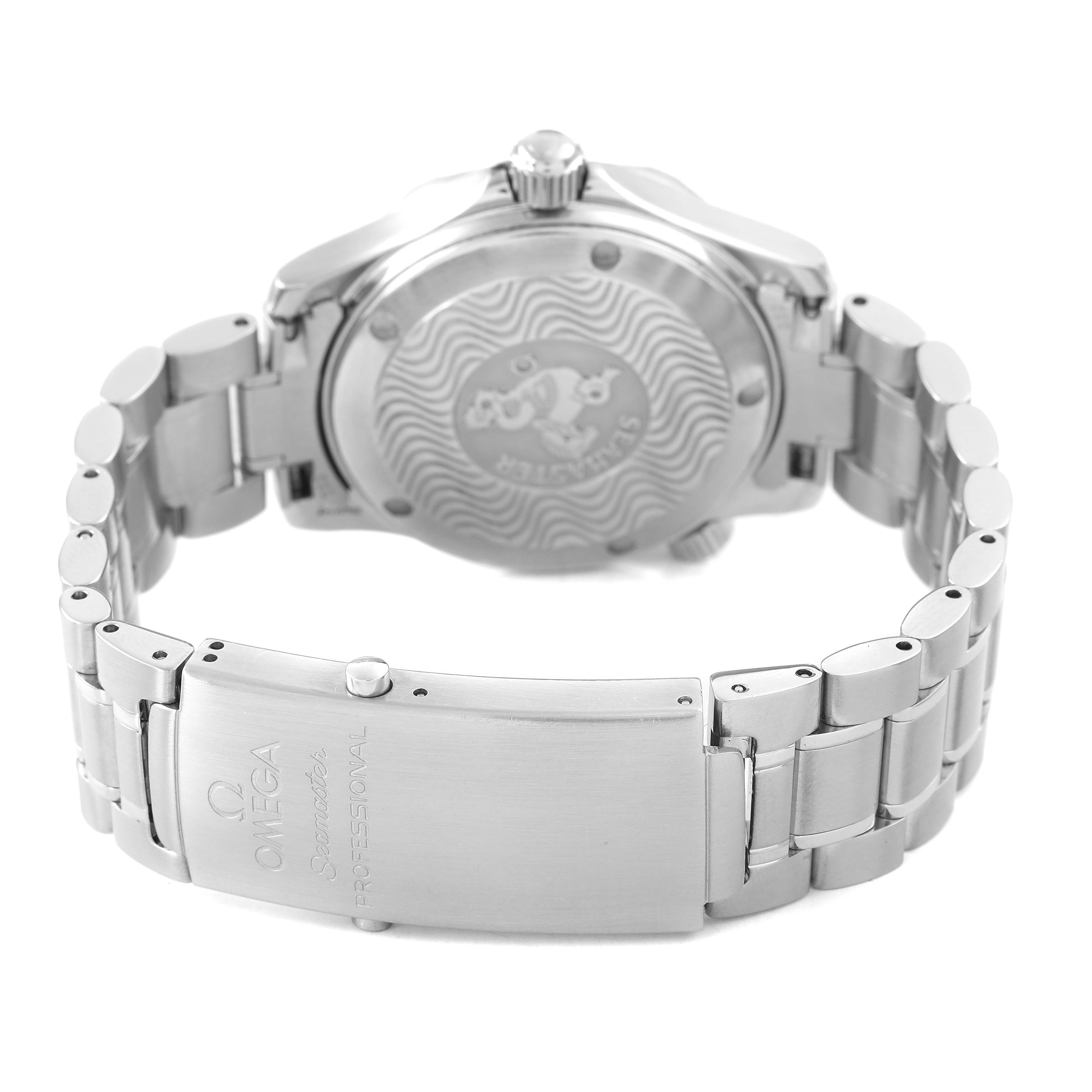 The Omega Seamaster 2262.50.00 Men's Stainless Steel Black Dial watch is shown from the back, highlighting the engraved case back, bracelet, and clasp.