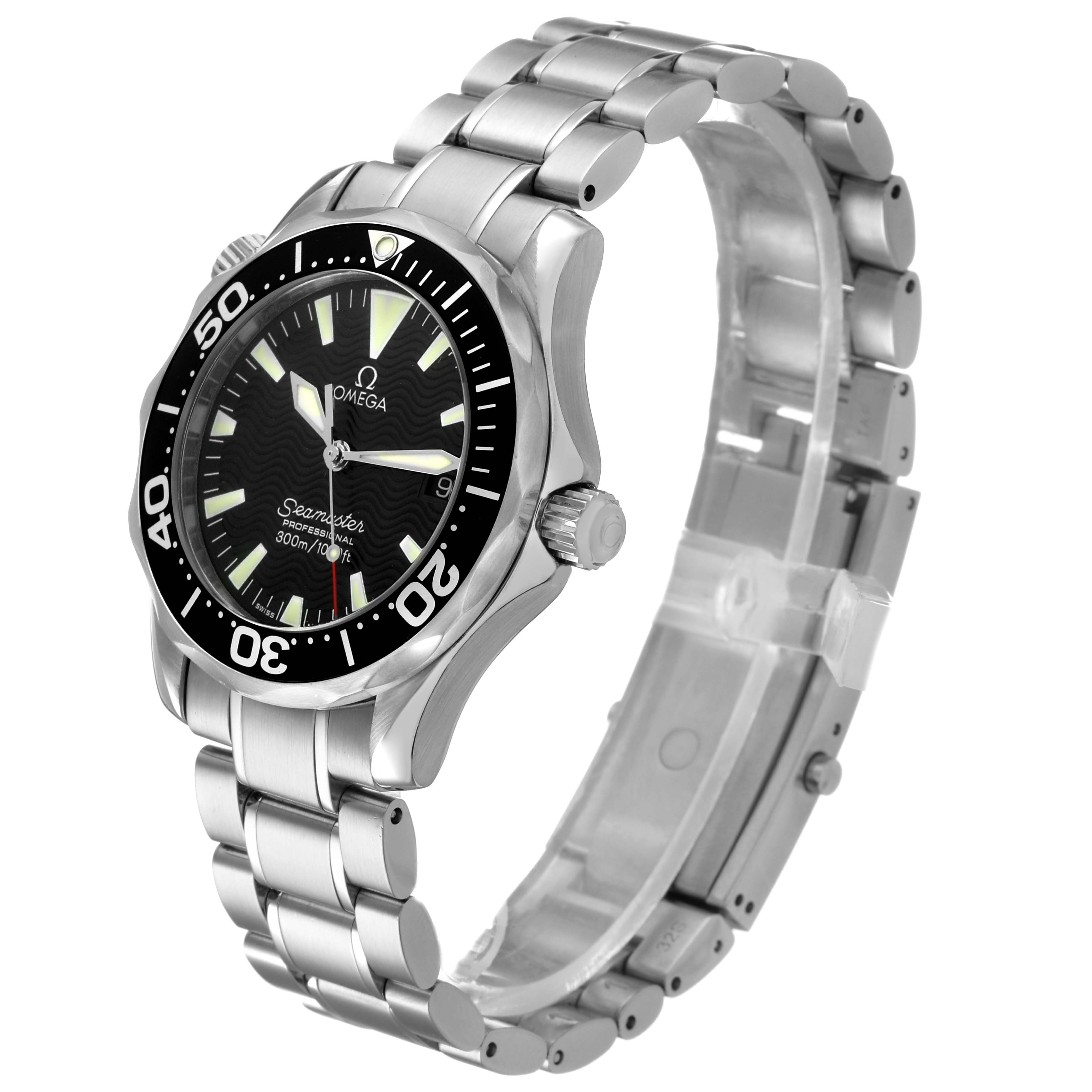 The Omega Seamaster 2262.50.00 Men's Stainless Steel Black Dial watch is shown at a three-quarter angle, displaying the face, bezel, crown, and bracelet.
