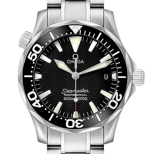 The Omega Seamaster 2262.50.00 Men's Stainless Steel Black Dial watch is shown from a top-down angle, displaying the full face, bezel, and part of the bracelet.