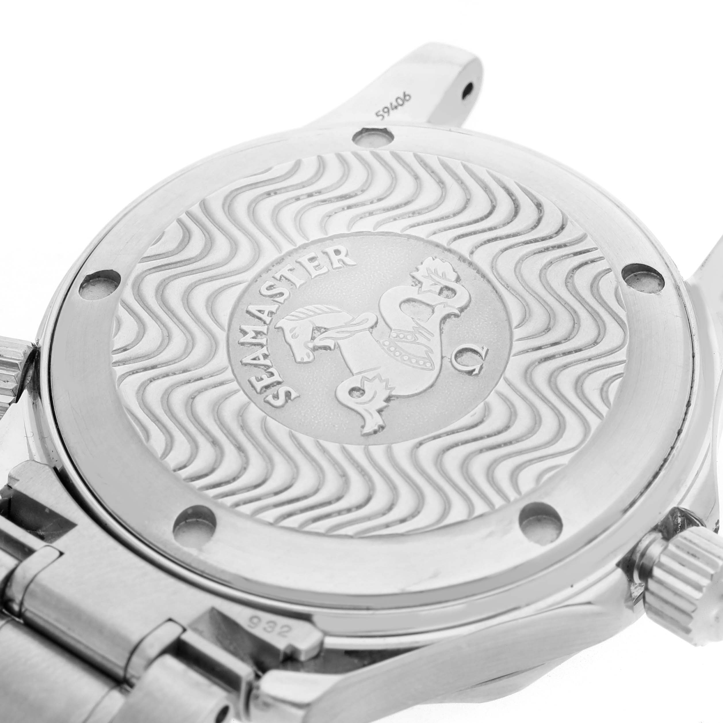 The image shows the case back and part of the bracelet of the Omega Seamaster 2262.50.00 Men's Stainless Steel Black Dial watch with its engraved logo.