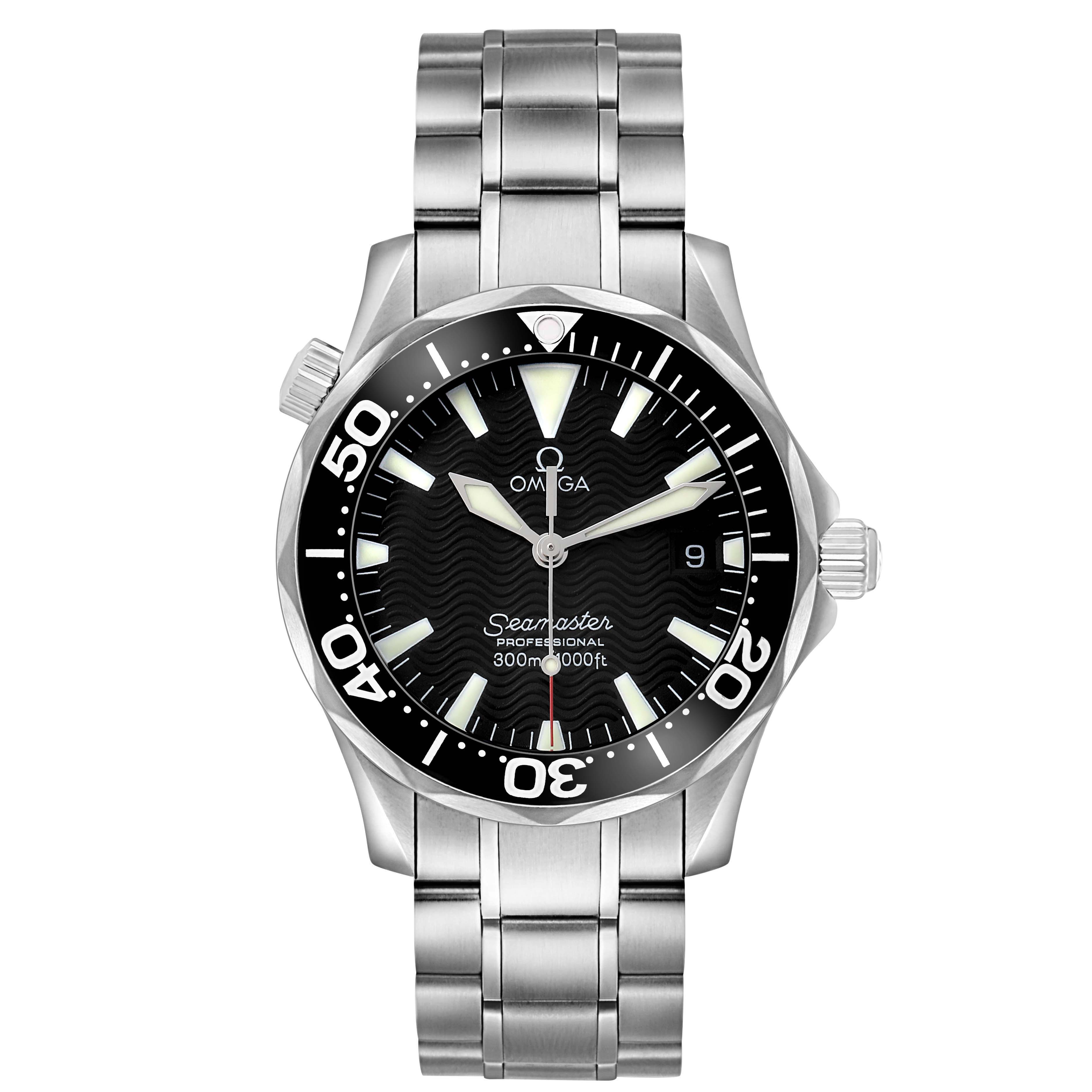The Omega Seamaster 2262.50.00 Men's Stainless Steel Black Dial watch is shown from a front view, highlighting the face, bezel, bracelet, and crown.