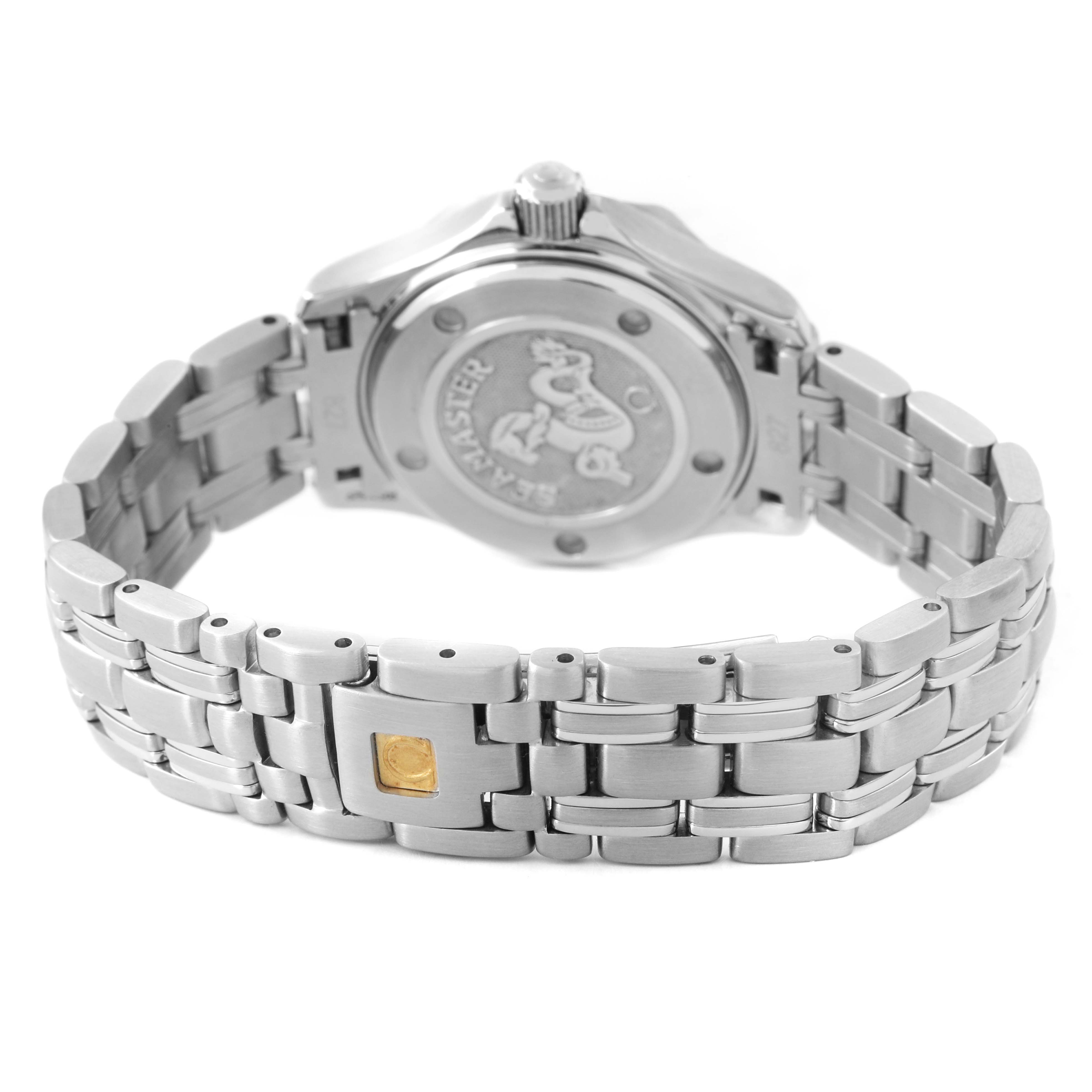 The image shows the back and bracelet of the Omega 212.30.28.61.01.001 Women's Stainless Steel Black Dial Seamaster Diver 300M 28 Quartz Ladies Watch with a view of the closed clasp.