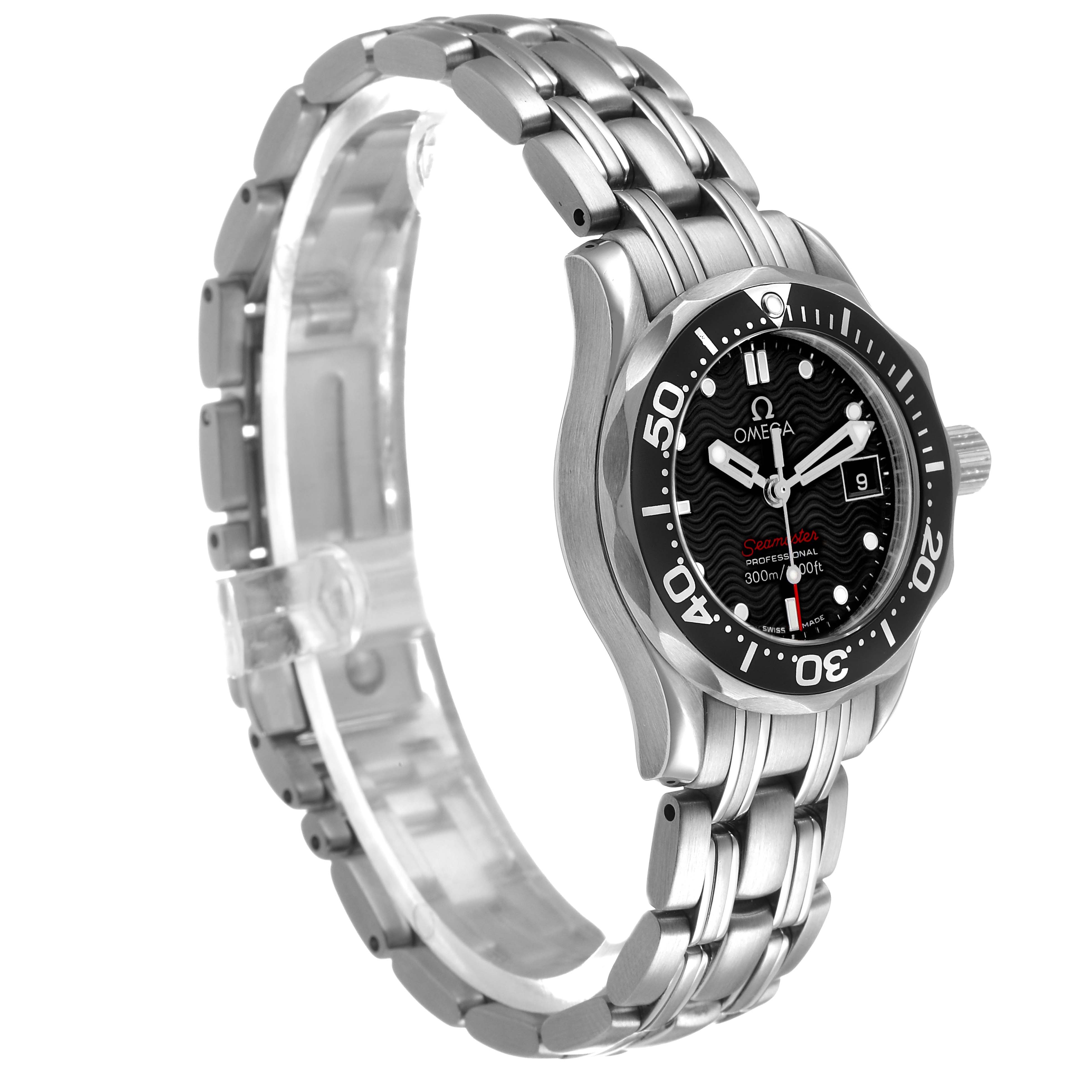 The Omega 212.30.28.61.01.001 Women's Stainless Steel Black Dial Seamaster Diver 300M 28 Quartz is shown at a three-quarter angle, displaying its face, bezel, and bracelet.