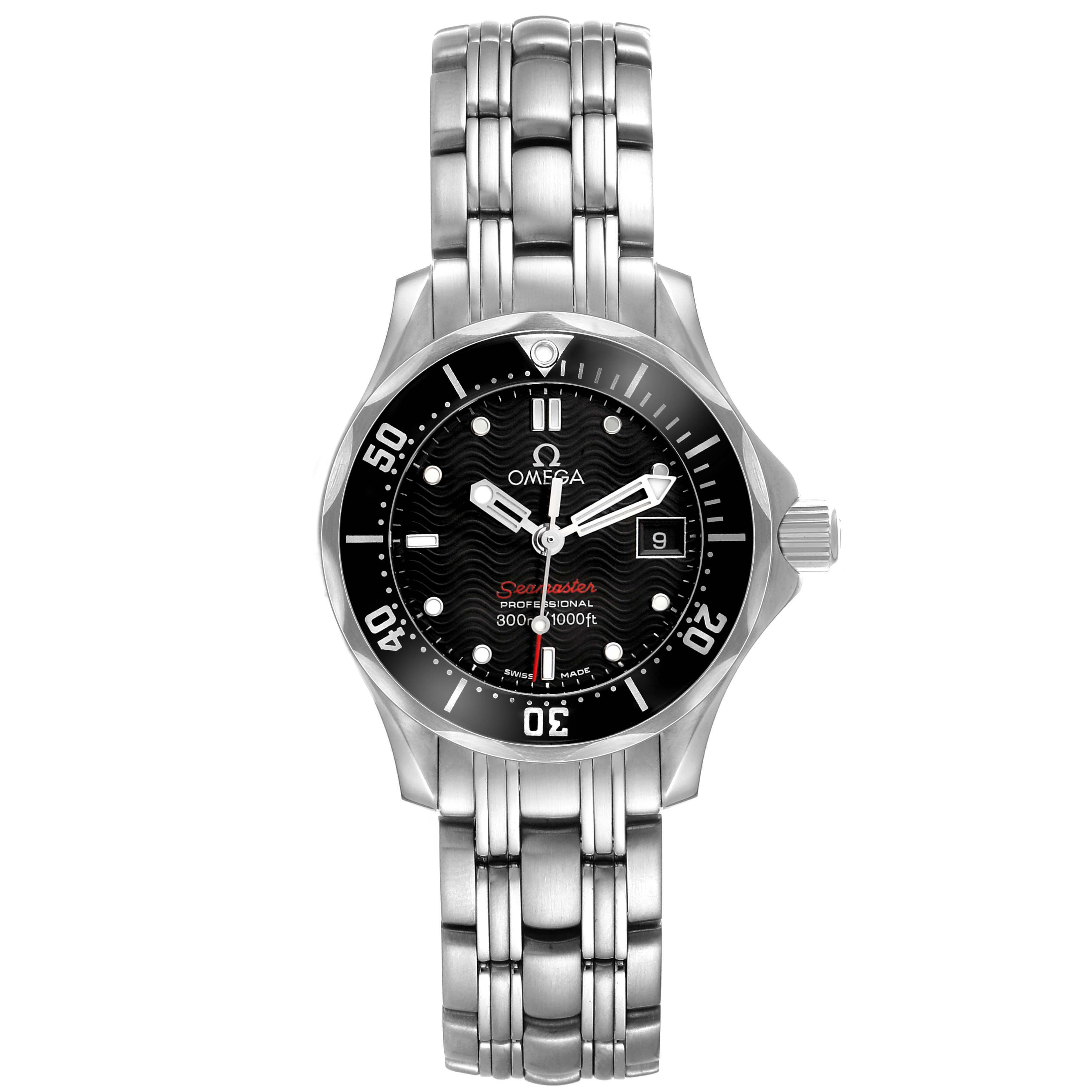 The Omega 212.30.28.61.01.001 Women's Stainless Steel Black Dial Seamaster Diver 300M 28 Quartz Ladies Watch is shown from the front, highlighting the face, bezel, crown, and bracelet.