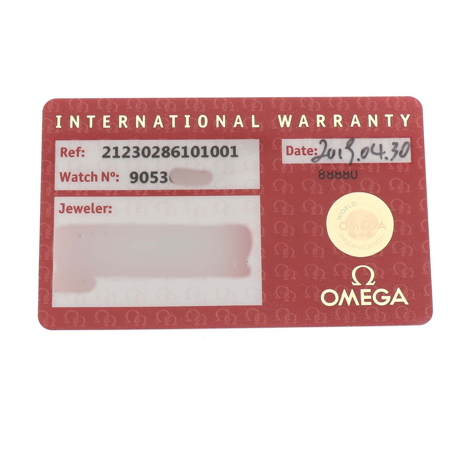 This image shows an Omega 212.30.28.61.01.001 Women's Stainless Steel Black Dial Seamaster Diver 300M warranty card with reference numbers and date.