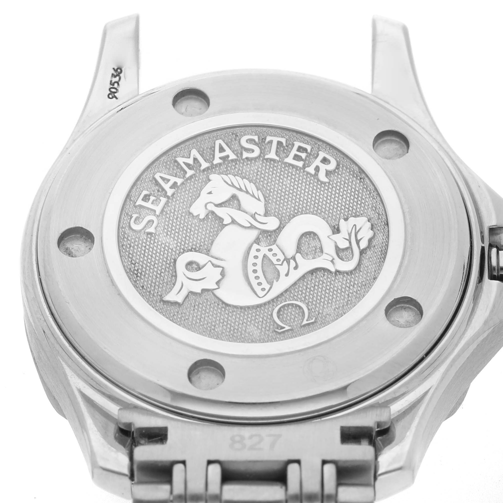 The image shows the back casing of the Omega 212.30.28.61.01.001 Women's Stainless Steel Black Dial Seamaster Diver 300M 28 Quartz Ladies Watch, featuring the "Seamaster" emblem.