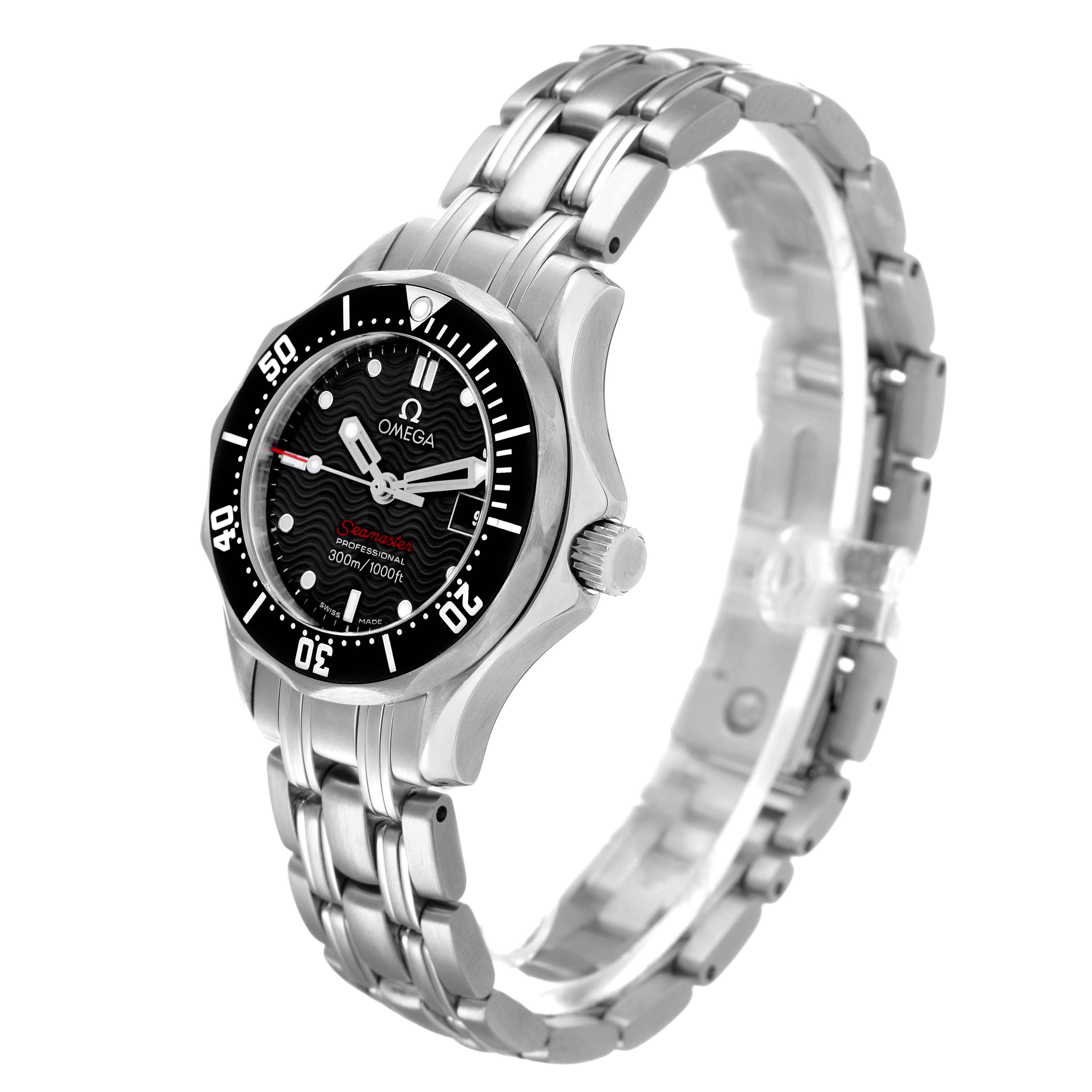 The Omega 212.30.28.61.01.001 Women's Stainless Steel Black Dial Seamaster Diver 300M 28 Quartz Ladies Watch is shown in a three-quarter view, highlighting the bezel, dial, and bracelet.