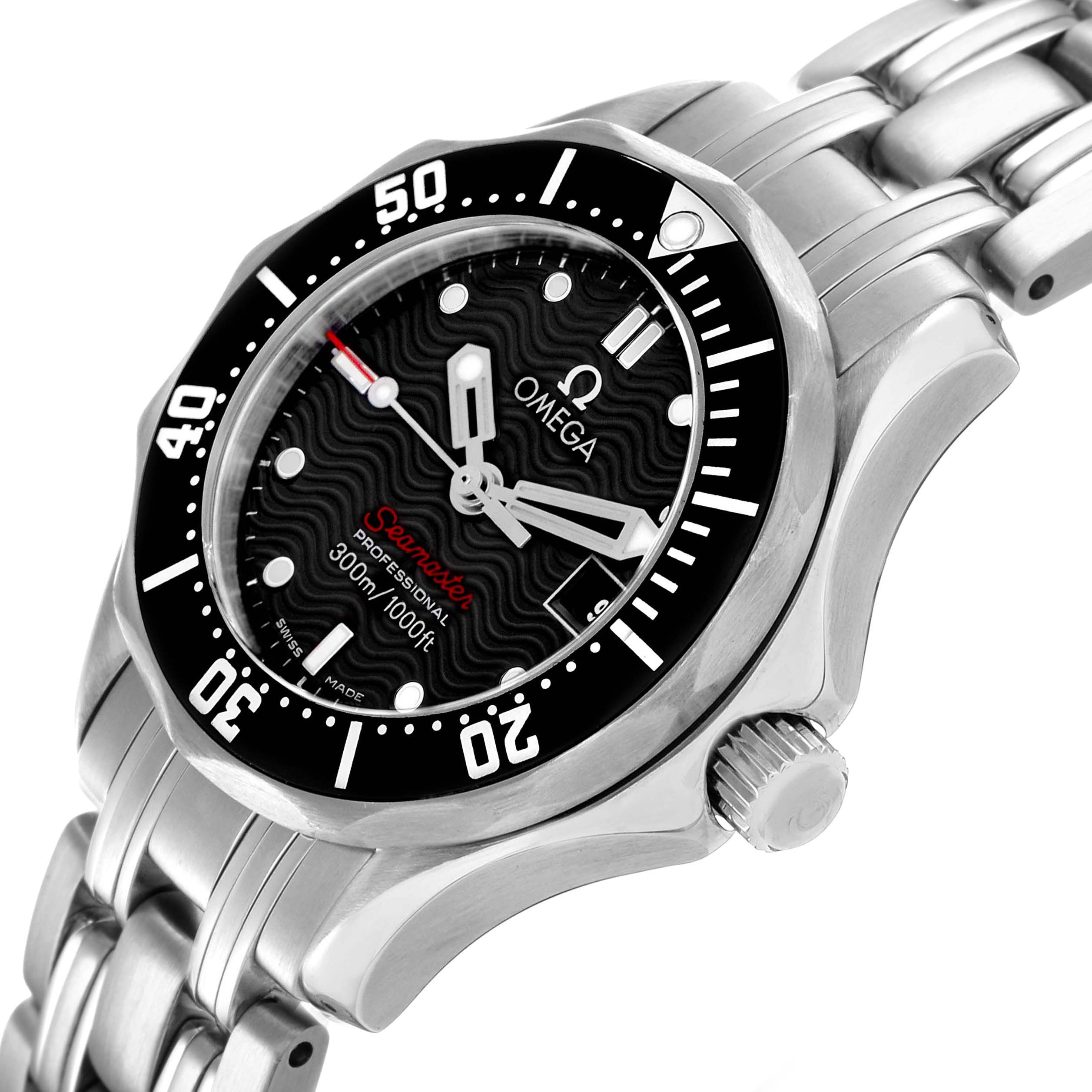 The Omega 212.30.28.61.01.001 Women's Stainless Steel Black Dial Seamaster Diver 300M Quartz Ladies Watch is shown at an angle highlighting the dial, bezel, and bracelet.