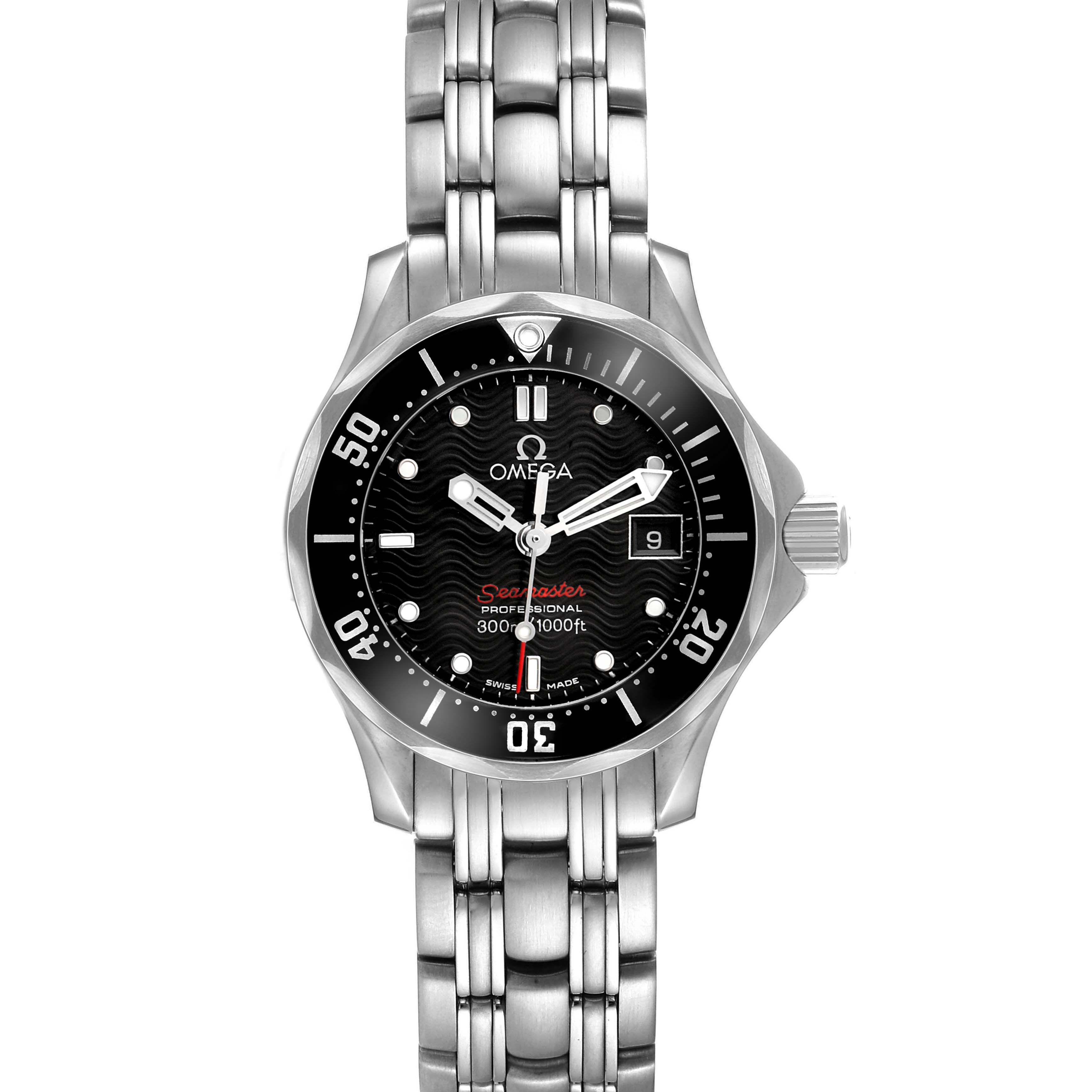 The Omega 212.30.28.61.01.001 Women's Stainless Steel Black Dial Seamaster Diver 300M 28 Quartz Ladies Watch is shown from the front, highlighting its dial, bezel, bracelet, and crown.