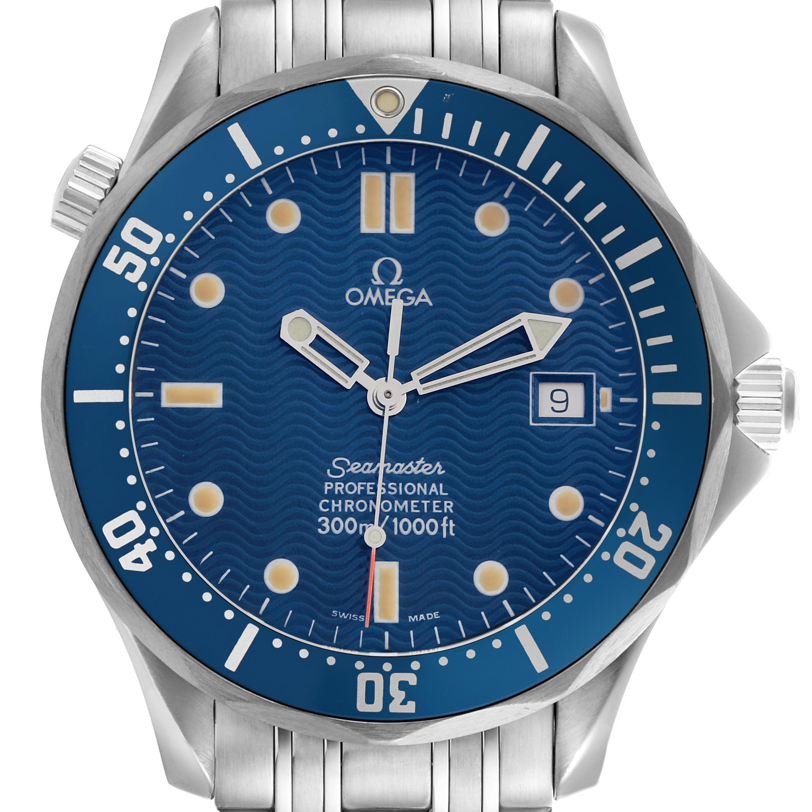 The Omega Seamaster 2531.80.00 Men's Stainless Steel Blue Dial 2531.80.00 Men's Stainless Steel Blue Dial watch is shown from a frontal angle, displaying the dial, bezel, and bracelet.