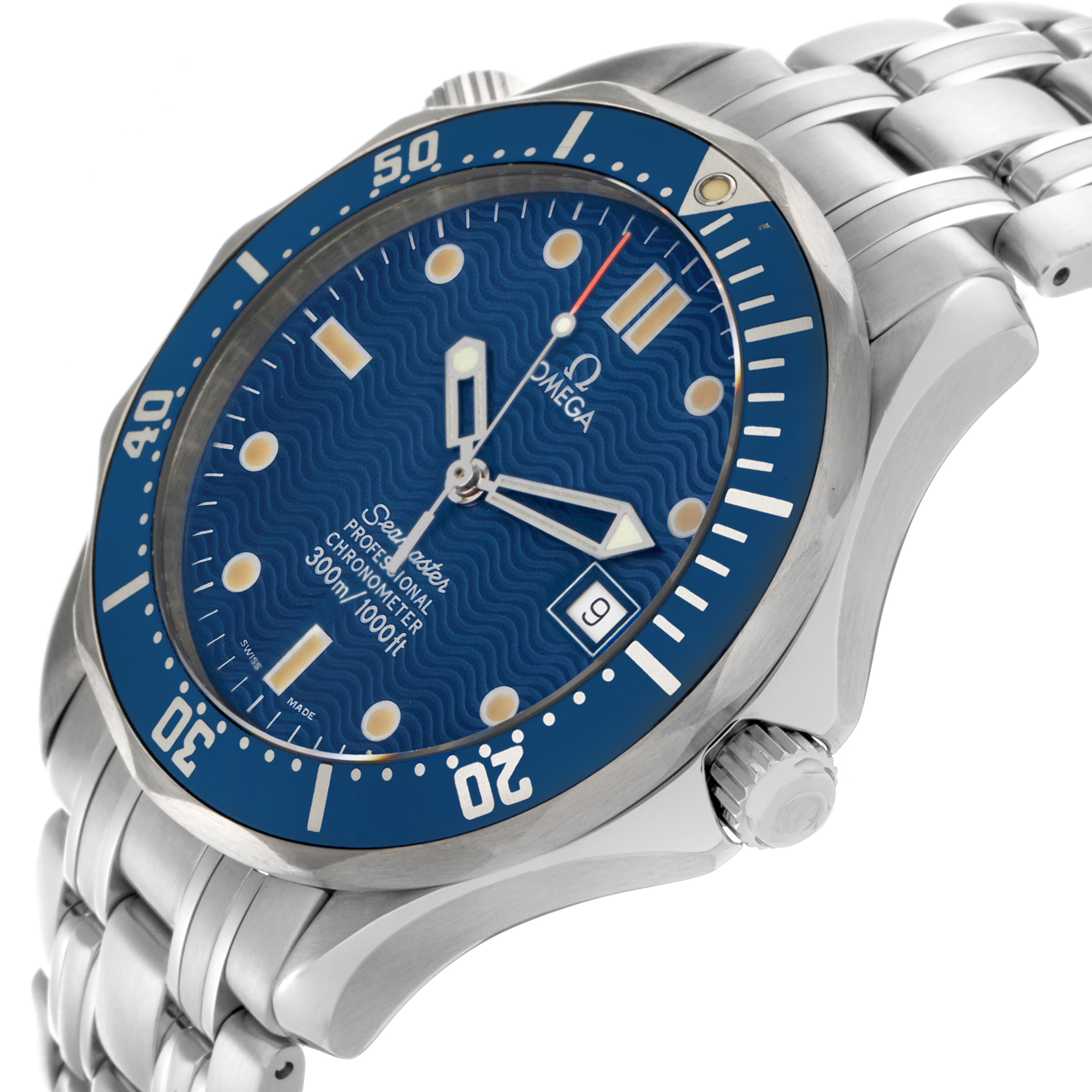 The Omega Seamaster 2531.80.00 Men's Stainless Steel Blue Dial 2531.80.00 Men's Stainless Steel Blue Dial watch is shown at an angle highlighting the dial, bezel, and part of the bracelet.