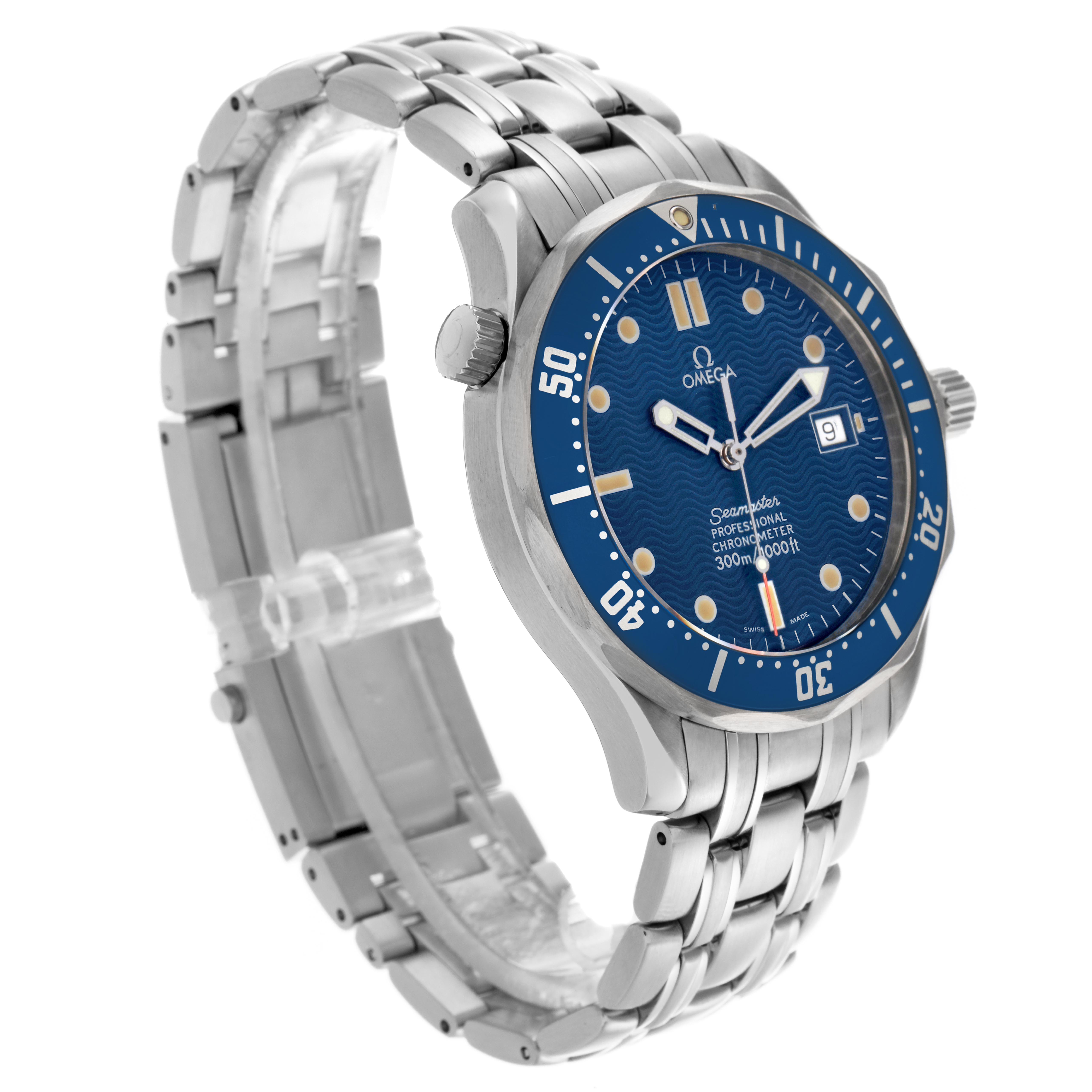 The Omega Seamaster 2531.80.00 Men's Stainless Steel Blue Dial 2531.80.00 Men's Stainless Steel Blue Dial watch is shown at a 3/4 angle, displaying the blue dial, bezel, crown, and metal bracelet.