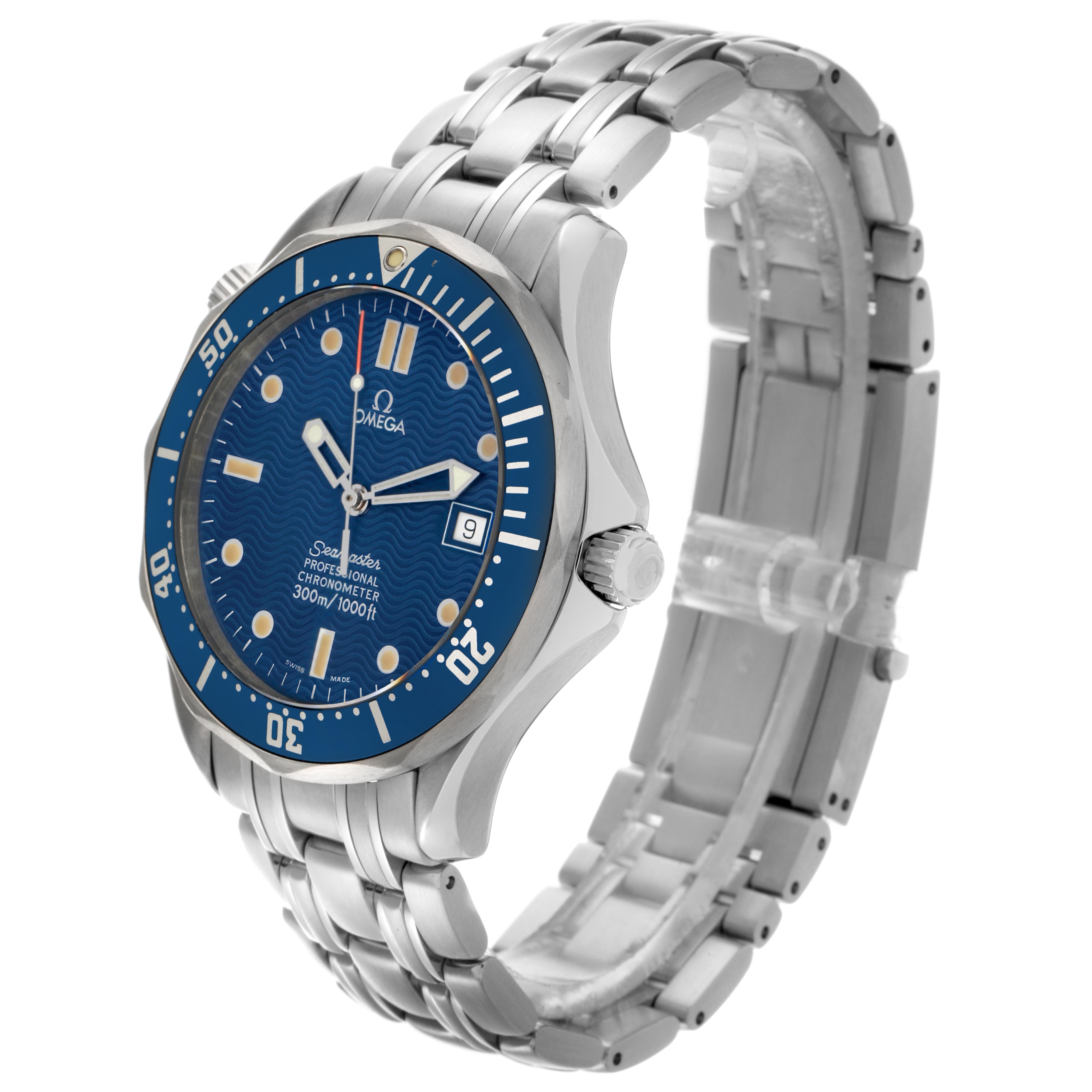 The Omega Seamaster 2531.80.00 Men's Stainless Steel Blue Dial 2531.80.00 Men's Stainless Steel Blue Dial watch is shown at a three-quarter angle, displaying the bezel, dial, case, crown, and bracelet.