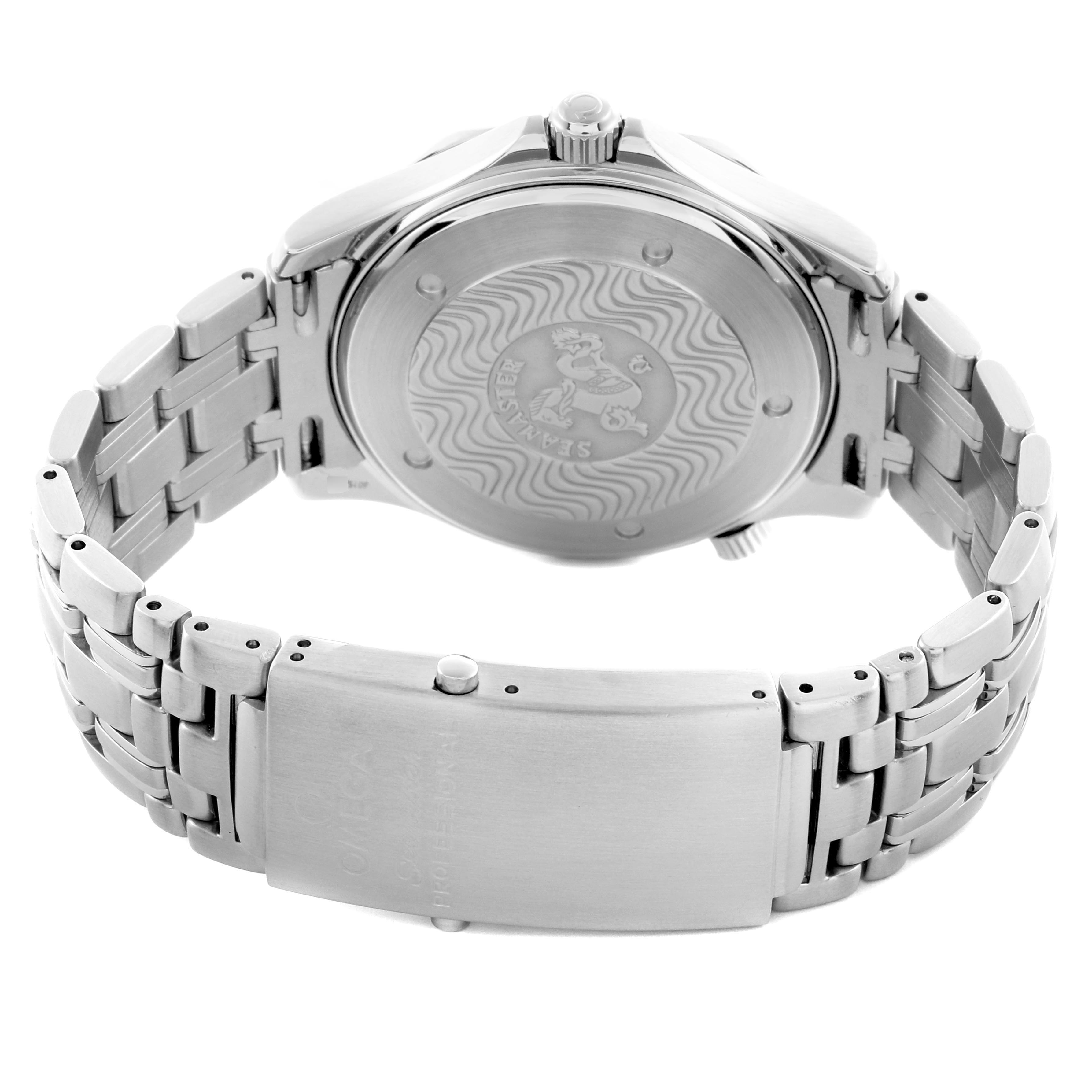 The image shows the back and band of an Omega Seamaster 2531.80.00 Men's Stainless Steel Blue Dial 2531.80.00 Men's Stainless Steel Blue Dial watch, highlighting the case back and clasp.