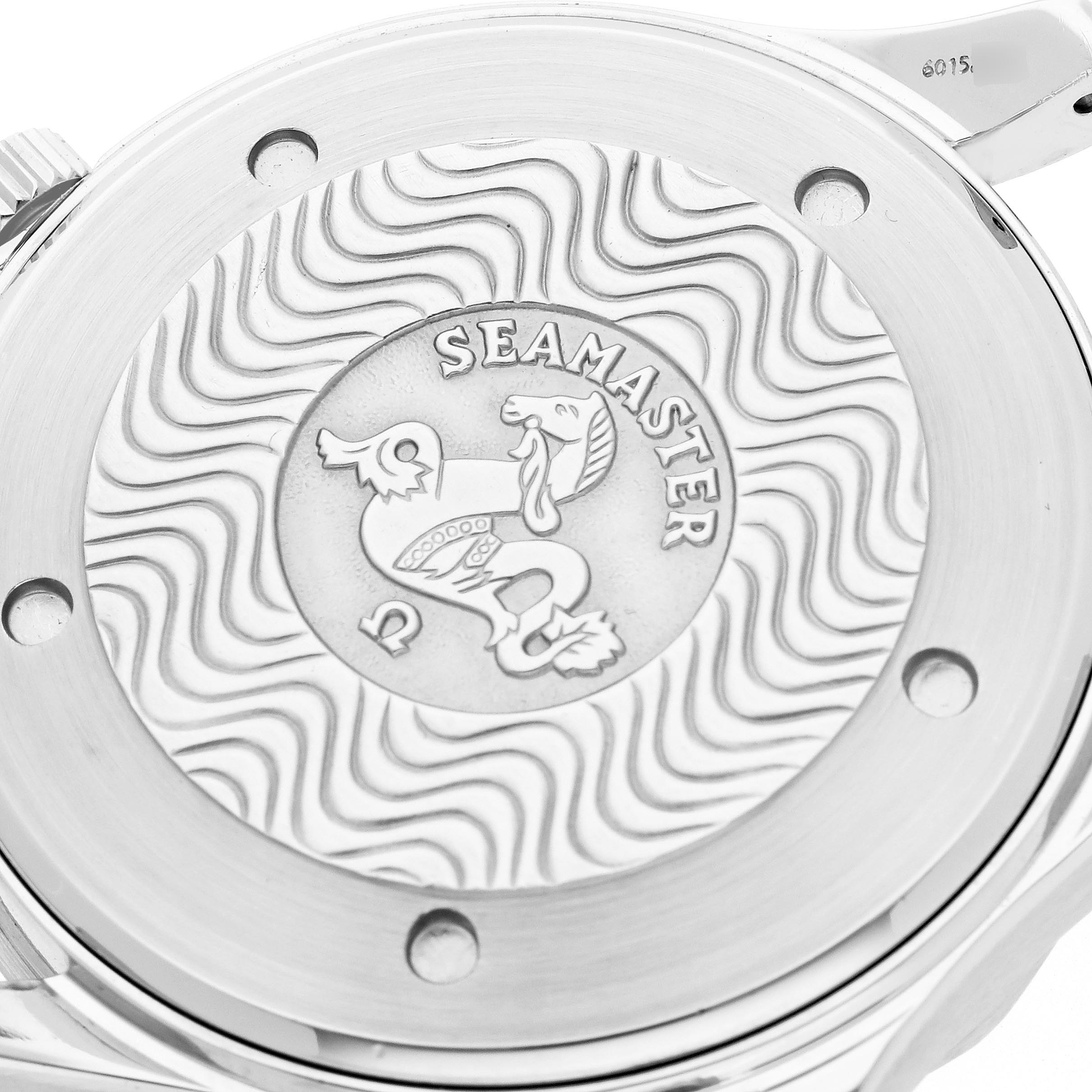 The image shows the engraved case back of the Omega Seamaster 2531.80.00 Men's Stainless Steel Blue Dial 2531.80.00 Men's Stainless Steel Blue Dial watch, featuring wave patterns and the brand logo.