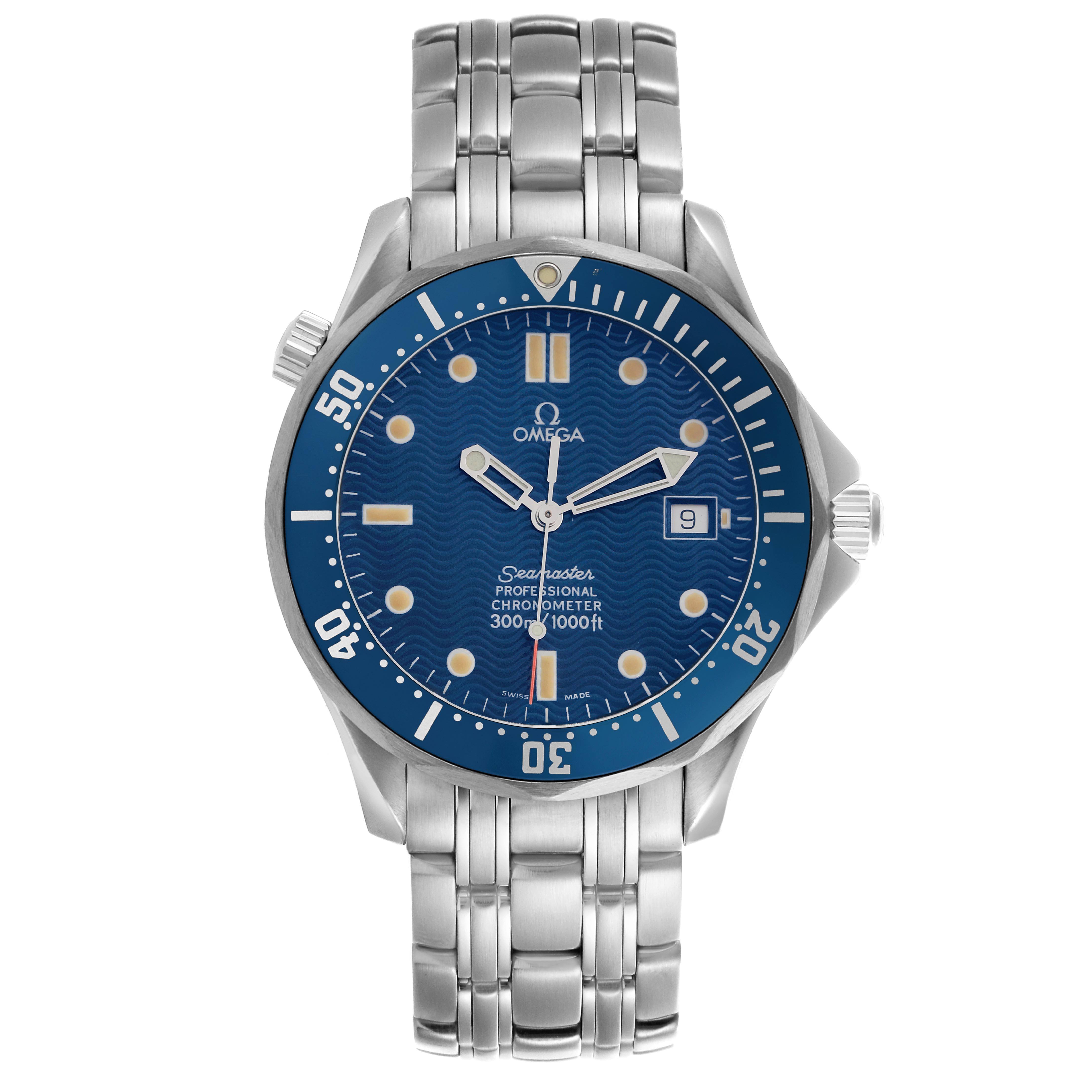 The Omega Seamaster 2531.80.00 Men's Stainless Steel Blue Dial 2531.80.00 Men's Stainless Steel Blue Dial watch is shown from the front, displaying the dial, bezel, and bracelet clearly.