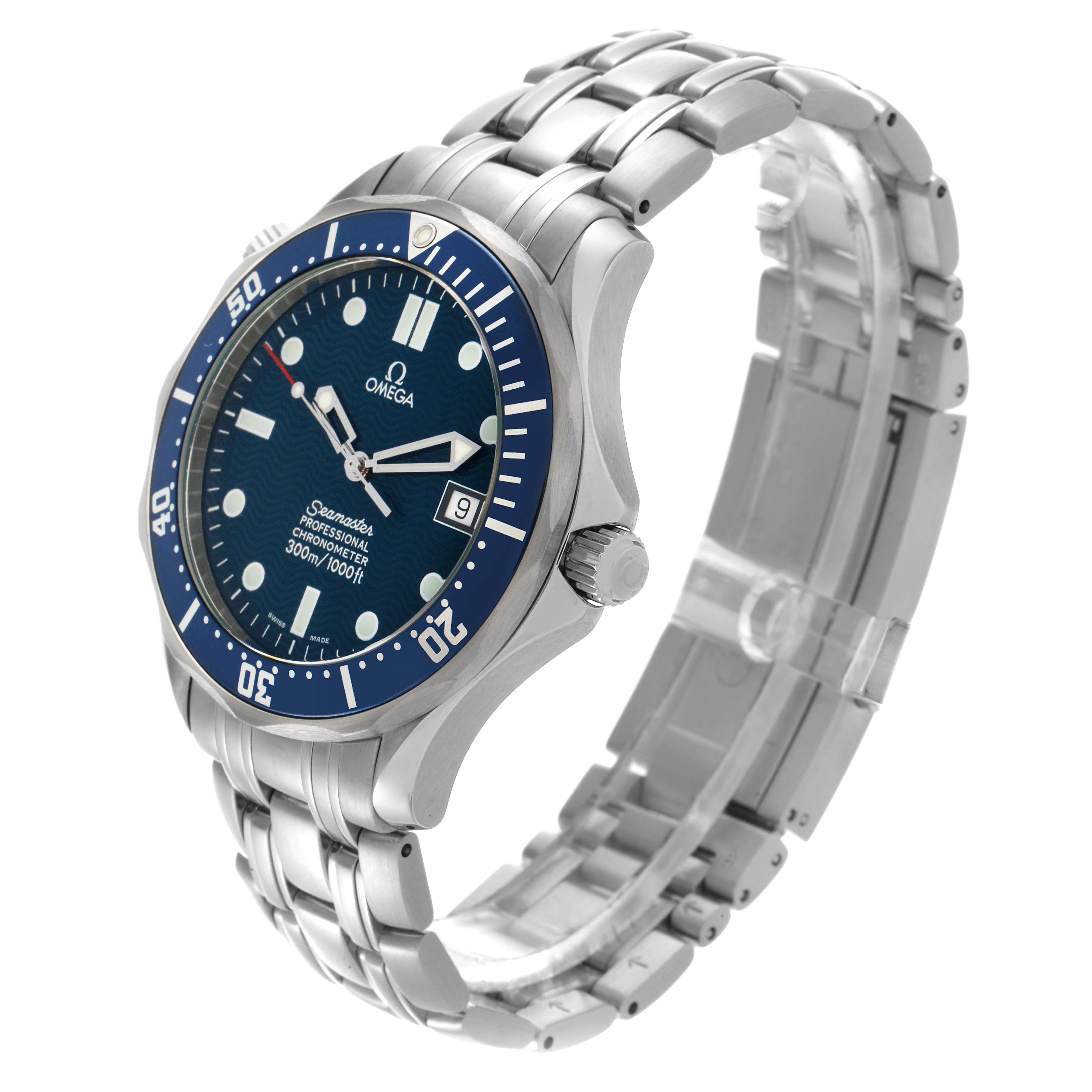 The Omega Seamaster 2531.80.00 Men
s Stainless Steel Blue Dial 2531.80.00 Men
s Stainless Steel Blue Dial watch is shown at a three-quarter angle, highlighting the face, bezel, crown, and bracelet.