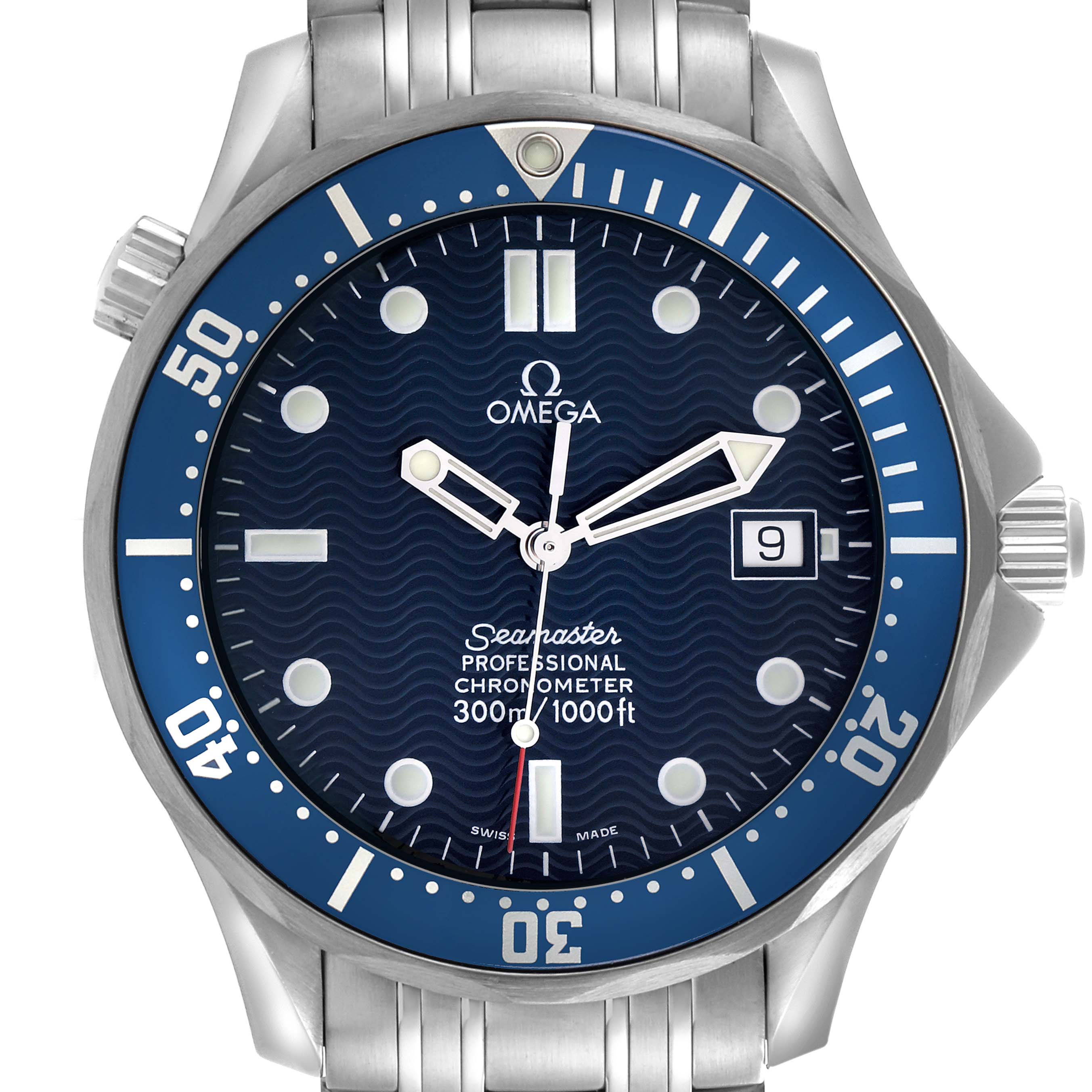 The Omega Seamaster 2531.80.00 Men
s Stainless Steel Blue Dial 2531.80.00 Men
s Stainless Steel Blue Dial watch is shown from the front, detailing its blue dial, bezel, and stainless steel bracelet.