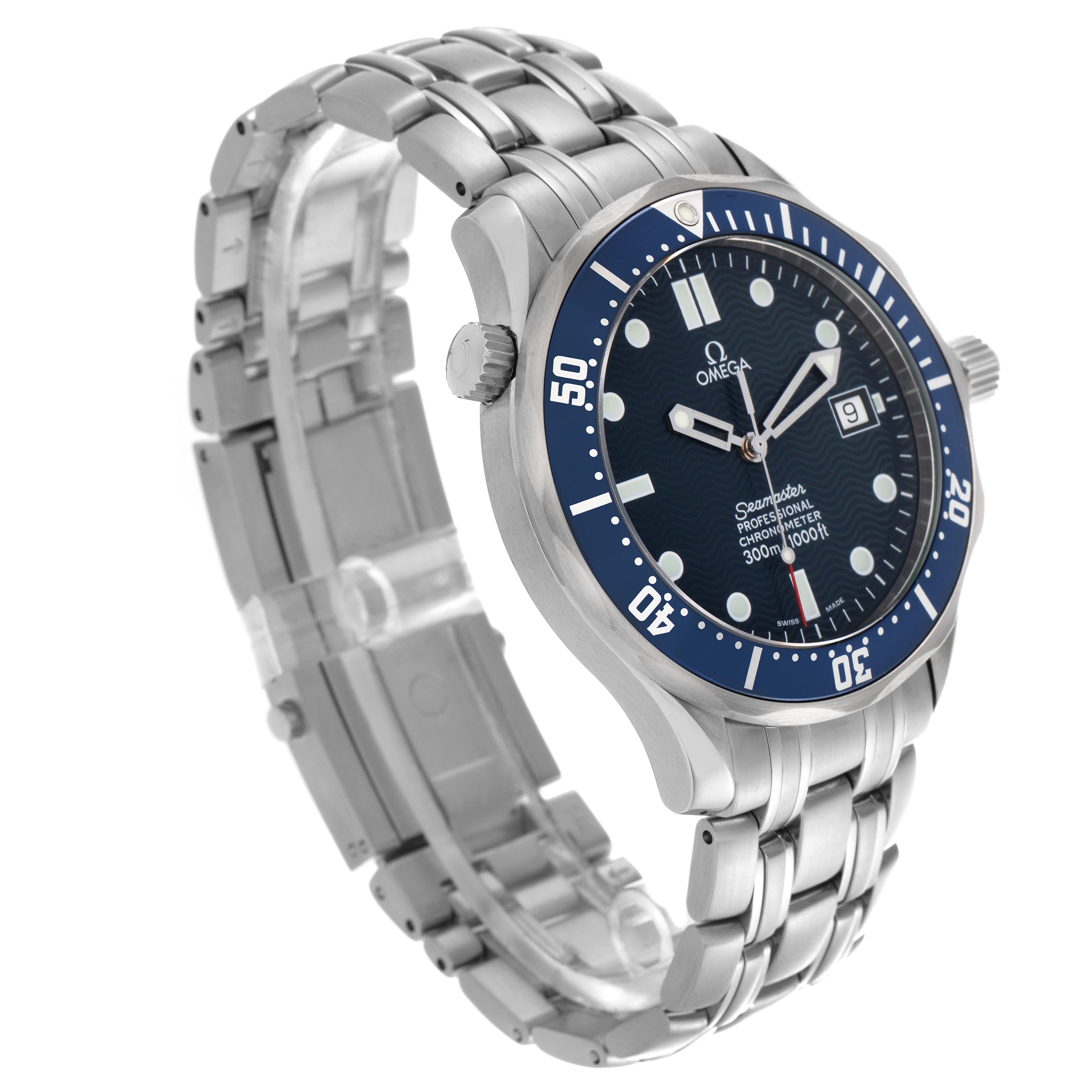 The Omega Seamaster 2531.80.00 Men
s Stainless Steel Blue Dial 2531.80.00 Men
s Stainless Steel Blue Dial watch is shown at a three-quarter angle, highlighting the face, bezel, and metal bracelet.