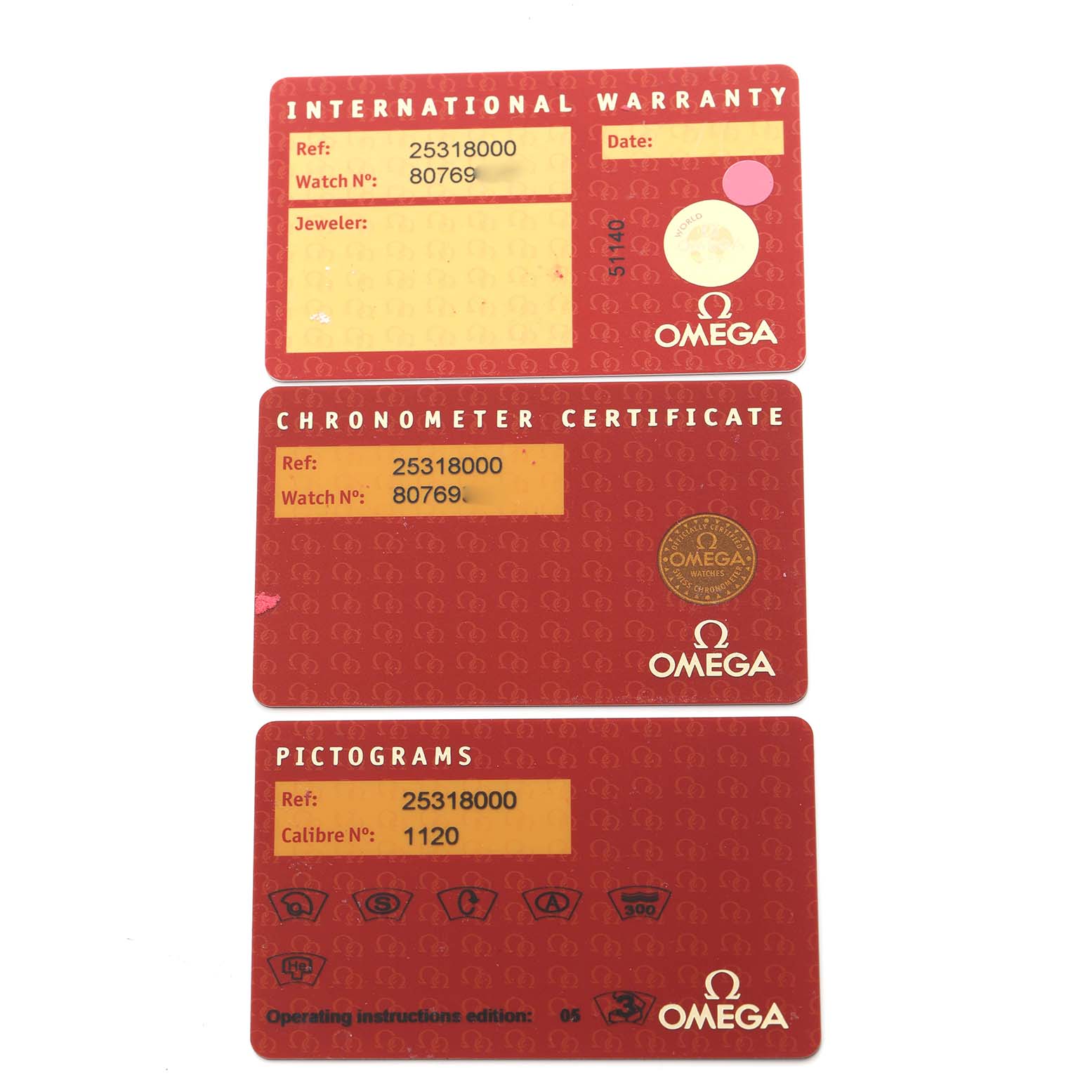 The image shows three Omega Seamaster 2531.80.00 Men
s Stainless Steel Blue Dial 2531.80.00 Men
s Stainless Steel Blue Dial cards: International Warranty, Chronometer Certificate, and Pictograms.