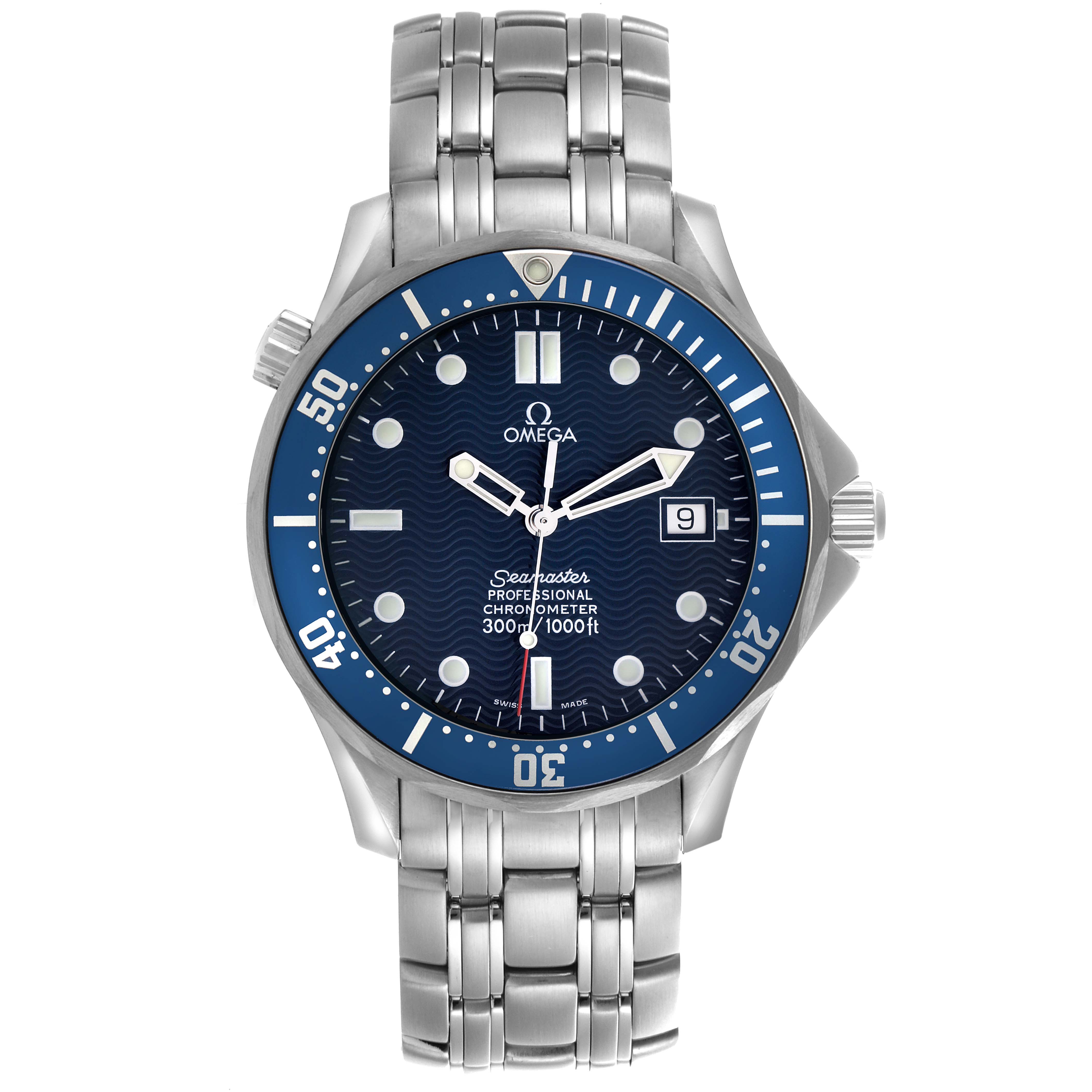 The Omega Seamaster 2531.80.00 Men
s Stainless Steel Blue Dial 2531.80.00 Men
s Stainless Steel Blue Dial watch is shown from a top-down angle, featuring the dial, bezel, and stainless steel bracelet.