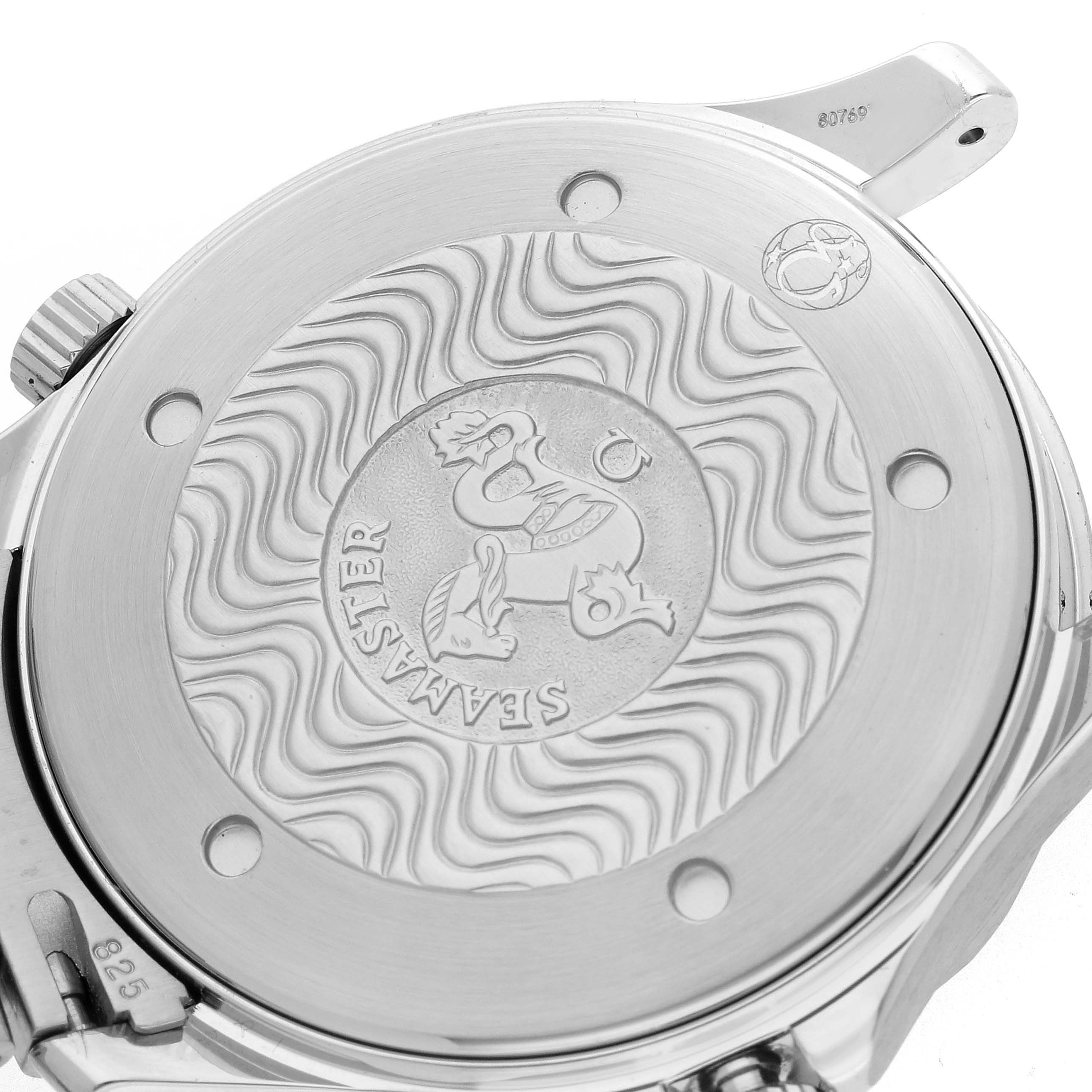 The image shows the case back of an Omega Seamaster 2531.80.00 Men
s Stainless Steel Blue Dial 2531.80.00 Men
s Stainless Steel Blue Dial watch, featuring engraved details and the brand logo.