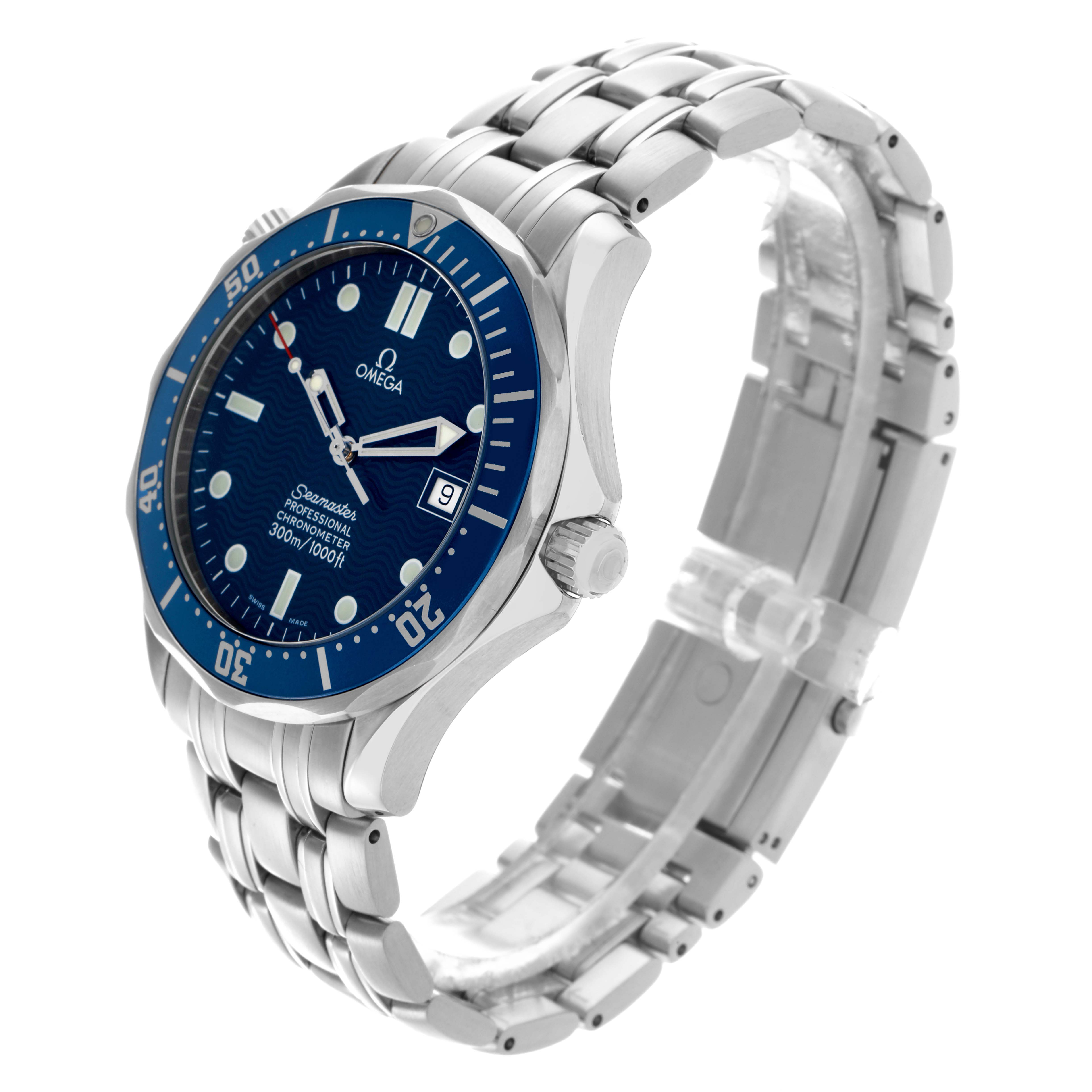 The Omega Seamaster 2531.80.00 Men
s Stainless Steel Blue Dial 2531.80.00 Men
s Stainless Steel Blue Dial watch is shown at a three-quarter angle, displaying the dial, bezel, case, crown, and bracelet.