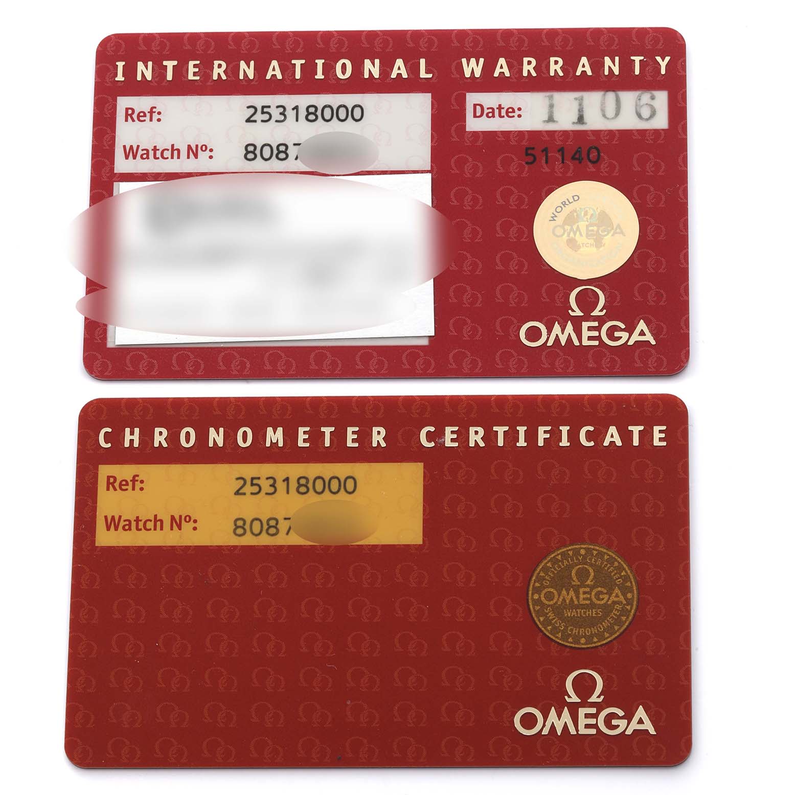 The image shows International Warranty and Chronometer Certificate cards for the Omega Seamaster 2531.80.00 Men
s Stainless Steel Blue Dial 2531.80.00 Men
s Stainless Steel Blue Dial model, viewed from above.