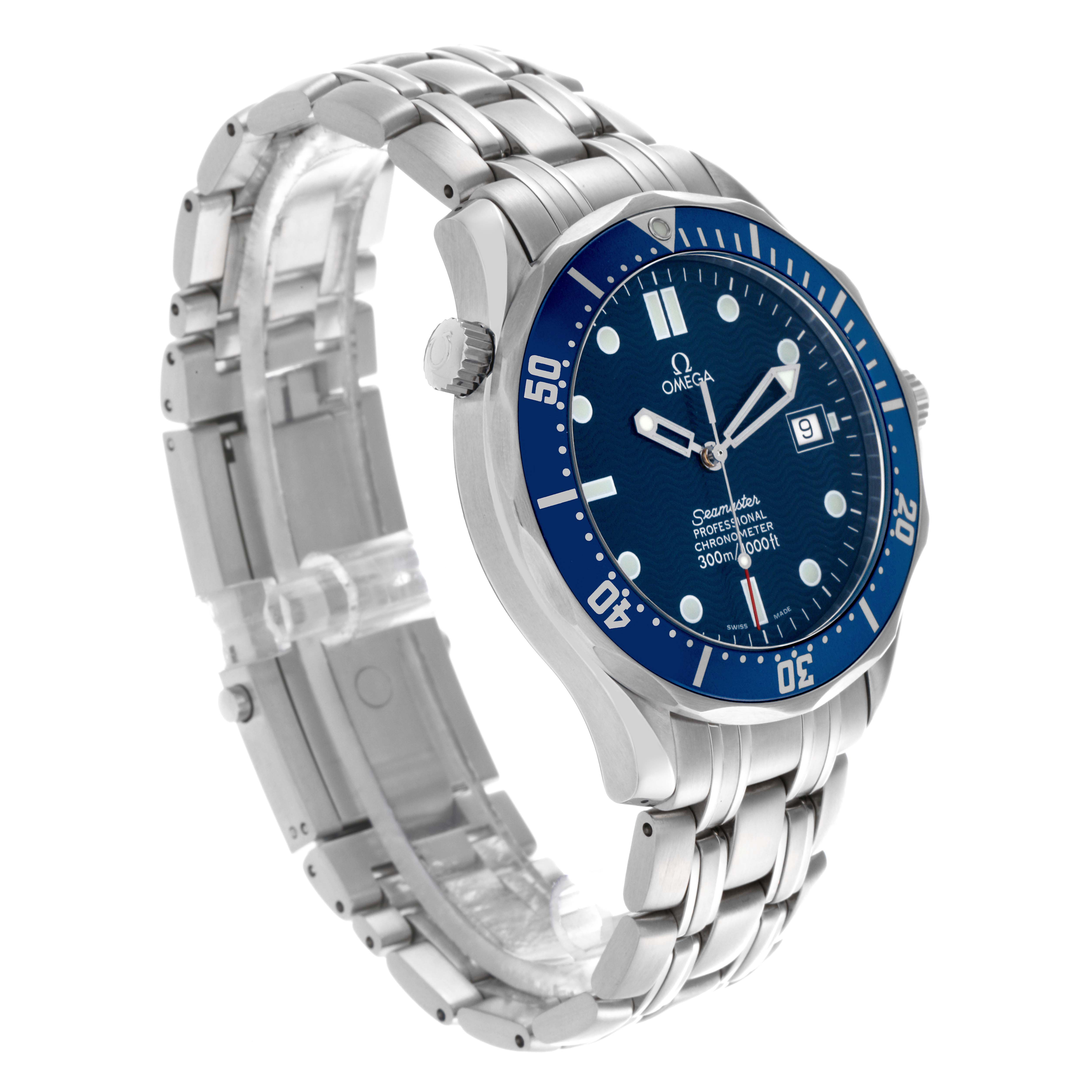 The Omega Seamaster 2531.80.00 Men
s Stainless Steel Blue Dial 2531.80.00 Men
s Stainless Steel Blue Dial watch is shown from a three-quarter angle, highlighting the blue dial, bezel, bracelet, and date window.